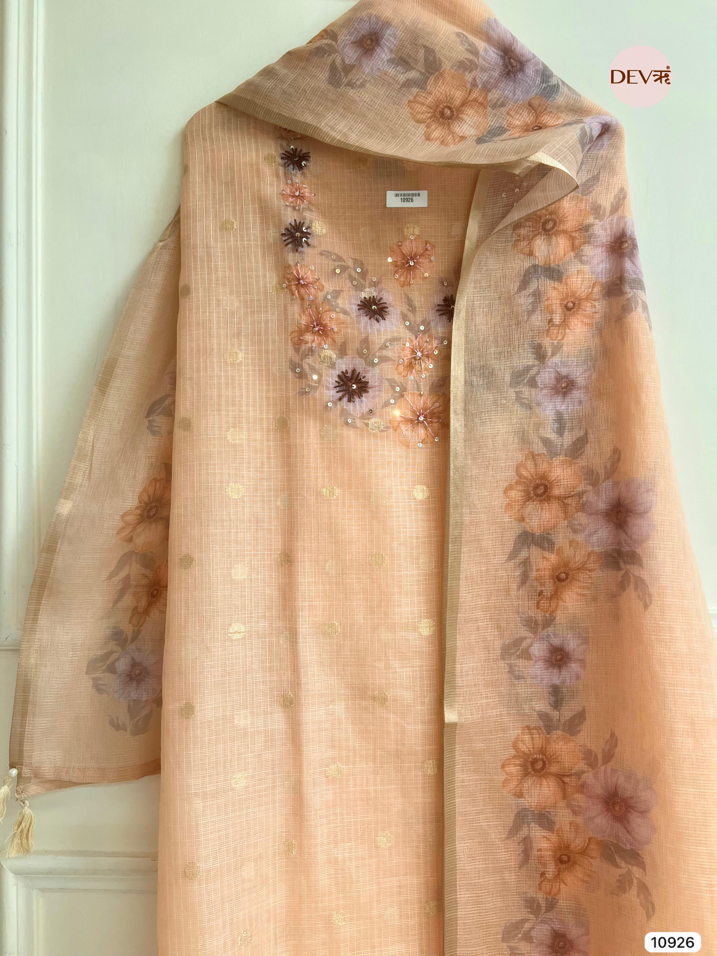 Orange Kota Banarasi Unstitched Printed With Highlight Dupatta -Set Of 3 - {10926}