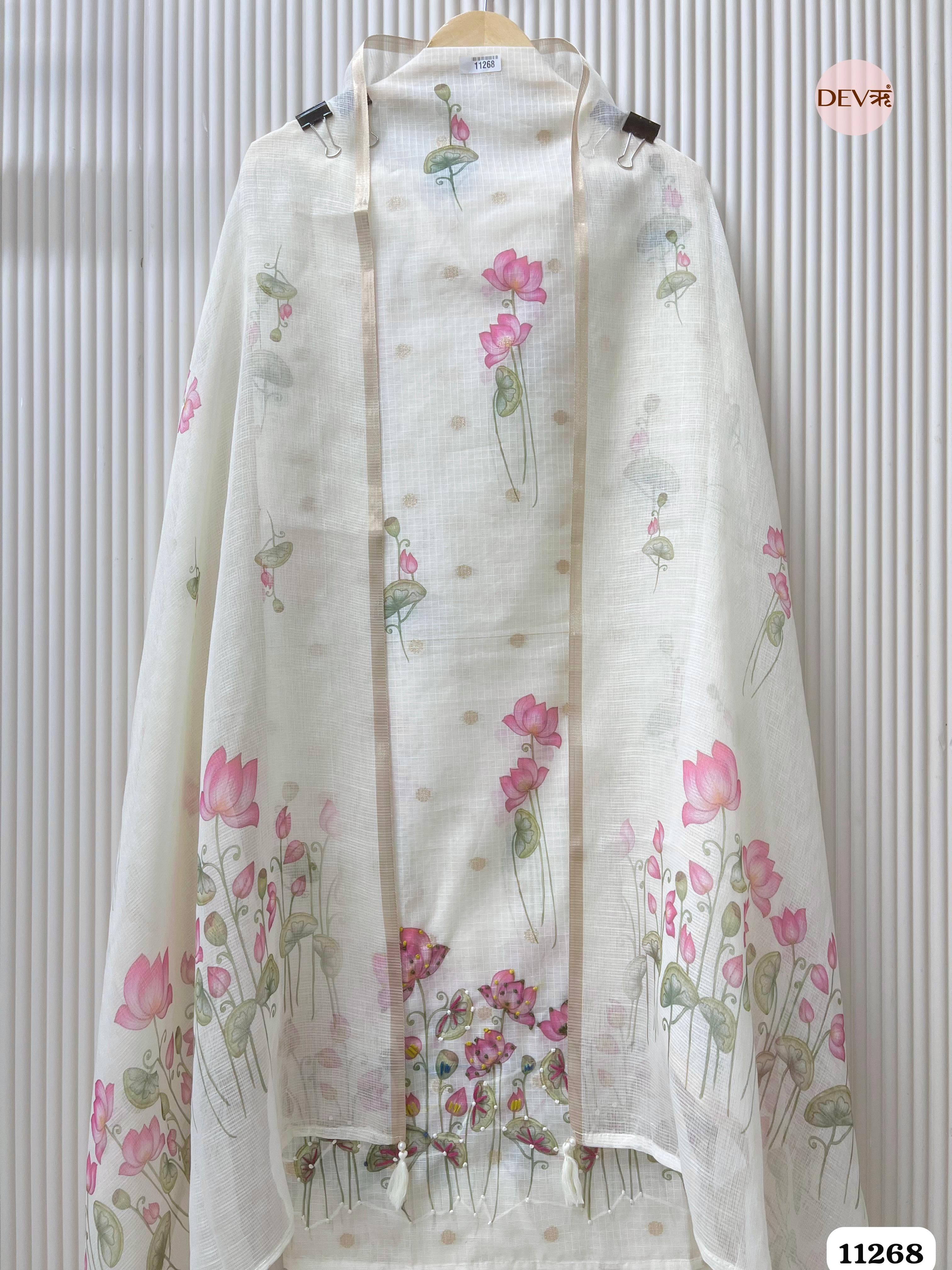 White Kota Unstitched Hand Embroidered -Set Of 3