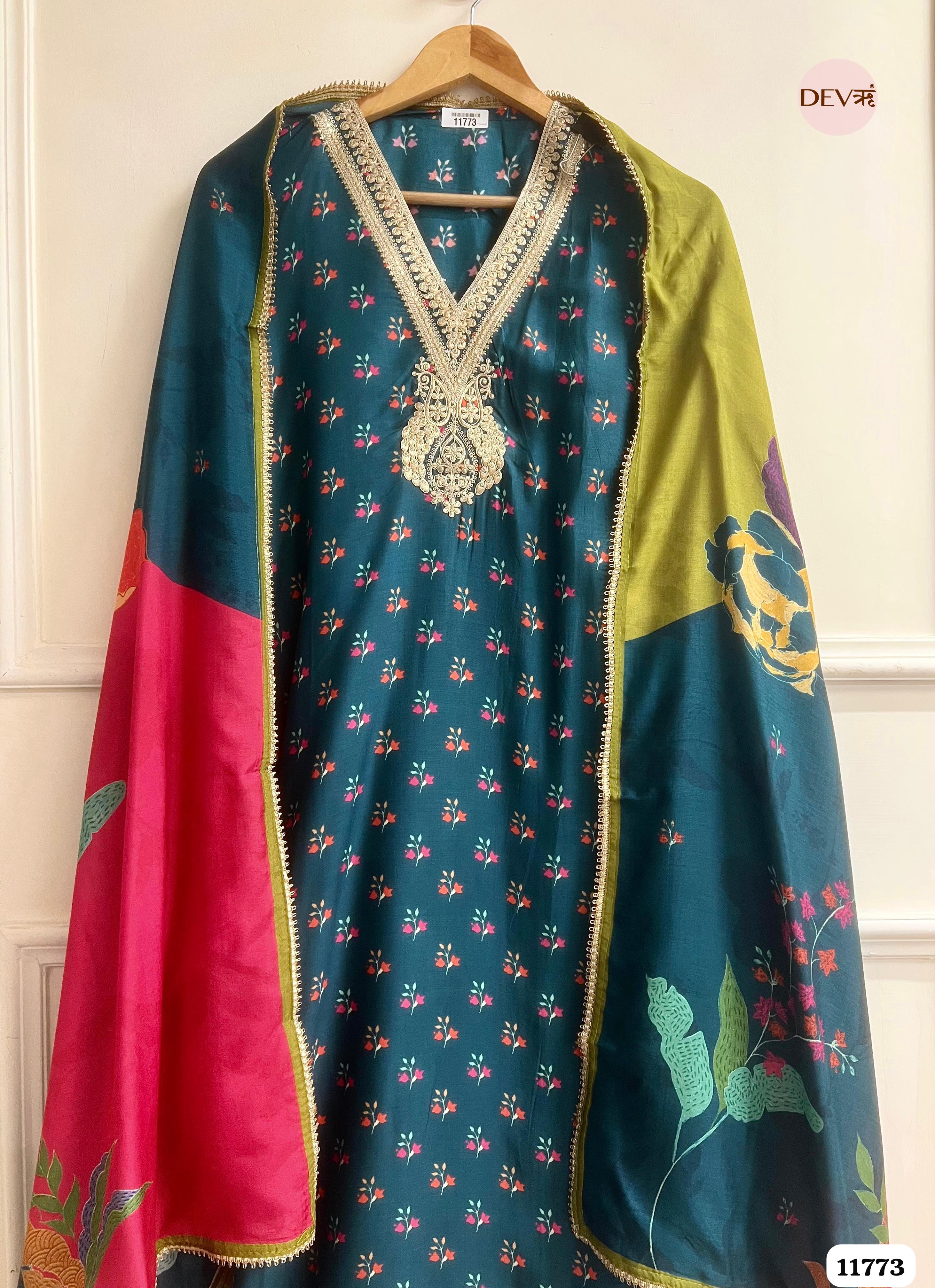 Royal Blue Russian Silk Unstitched Printed Embroidered -Set Of 3 {11773}
