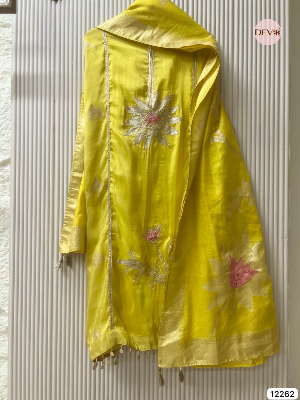 Yellow Shimmer Silk Embroidered Unstitched 3-Piece Suit (Devri – D.No 12262)