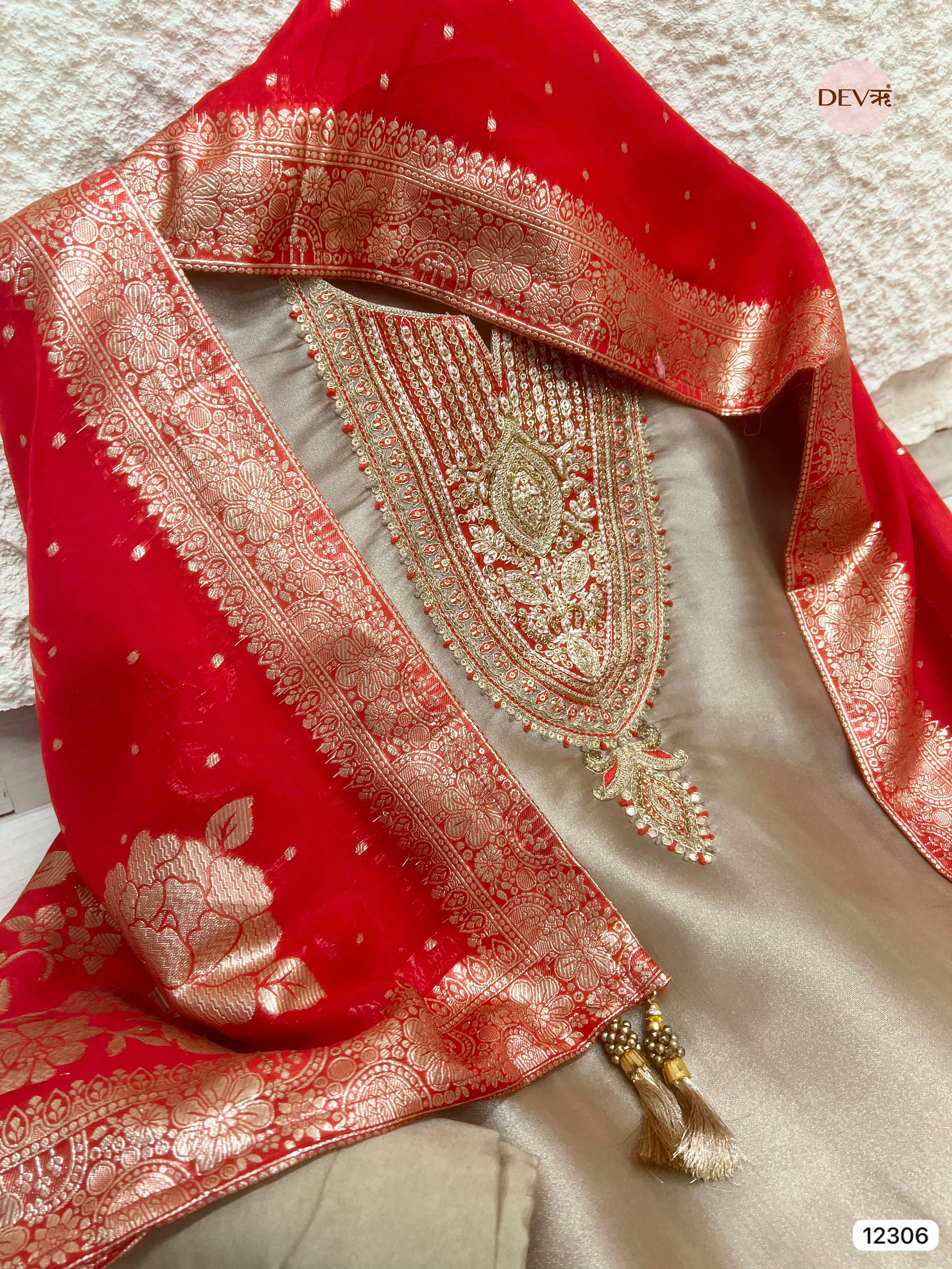 Beige Tissue Shimmer Silk Embroidered Unstitched 3-Piece Suit (Devri – D.No 12306)