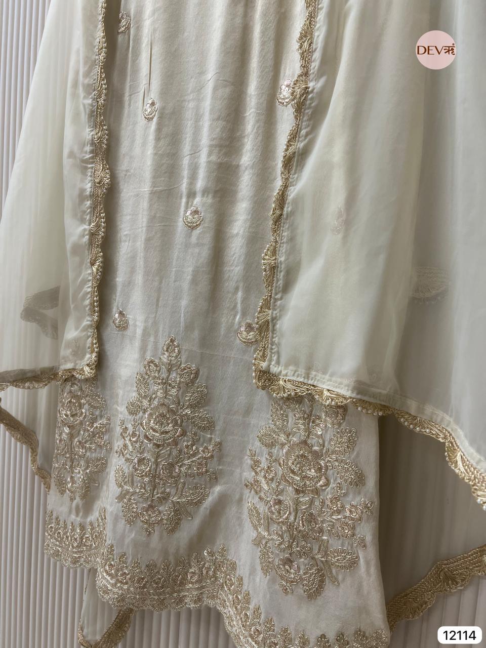 Ivory Tissue Shimmer Silk Embroidered Unstitched 3-Piece Suit (Devri – D.No 12114).
