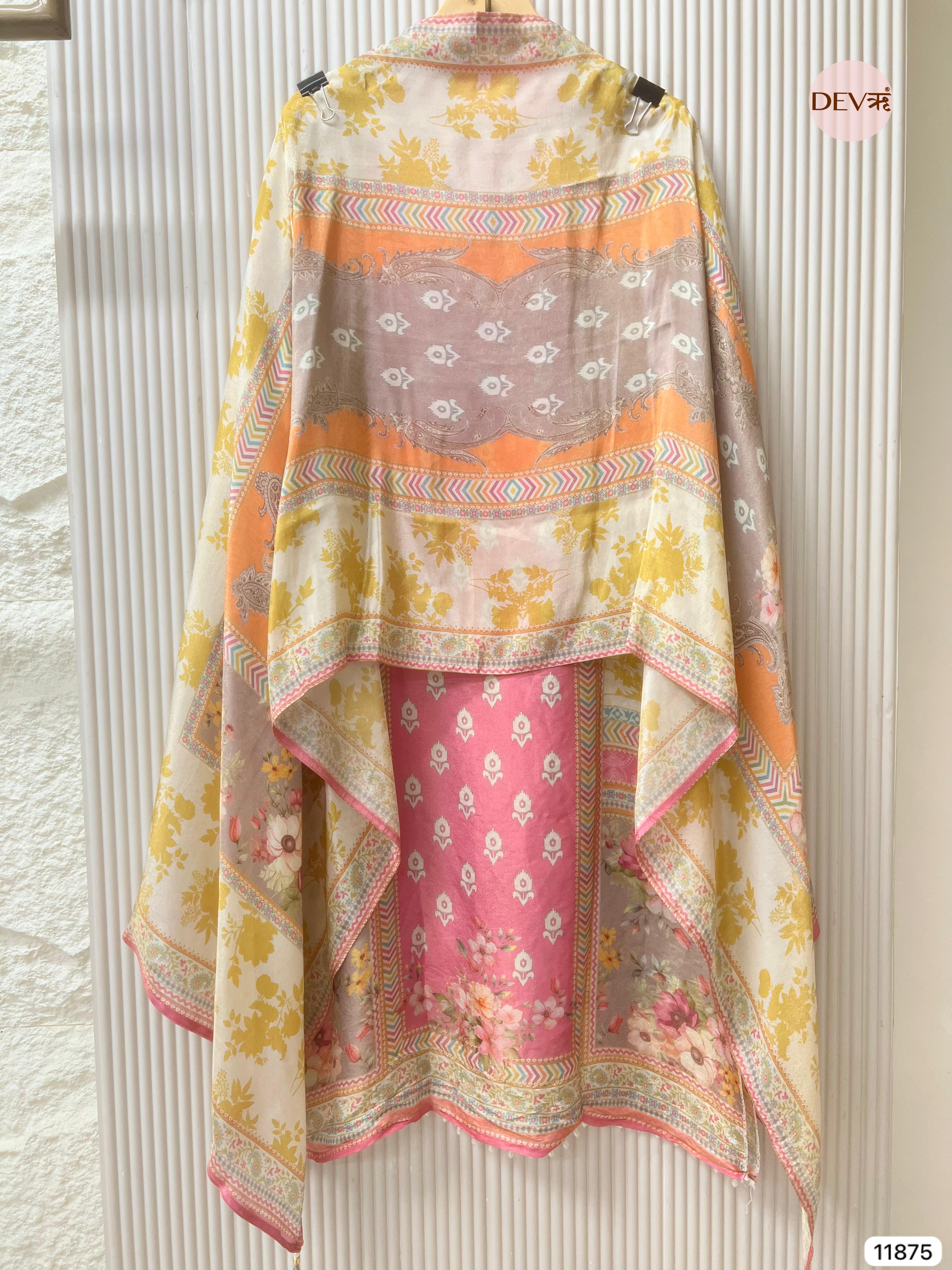 Multi Colour Tissue Shimmer Silk Semi Stitched Printed Hand Embroidered -Set Of 3 - {11875}