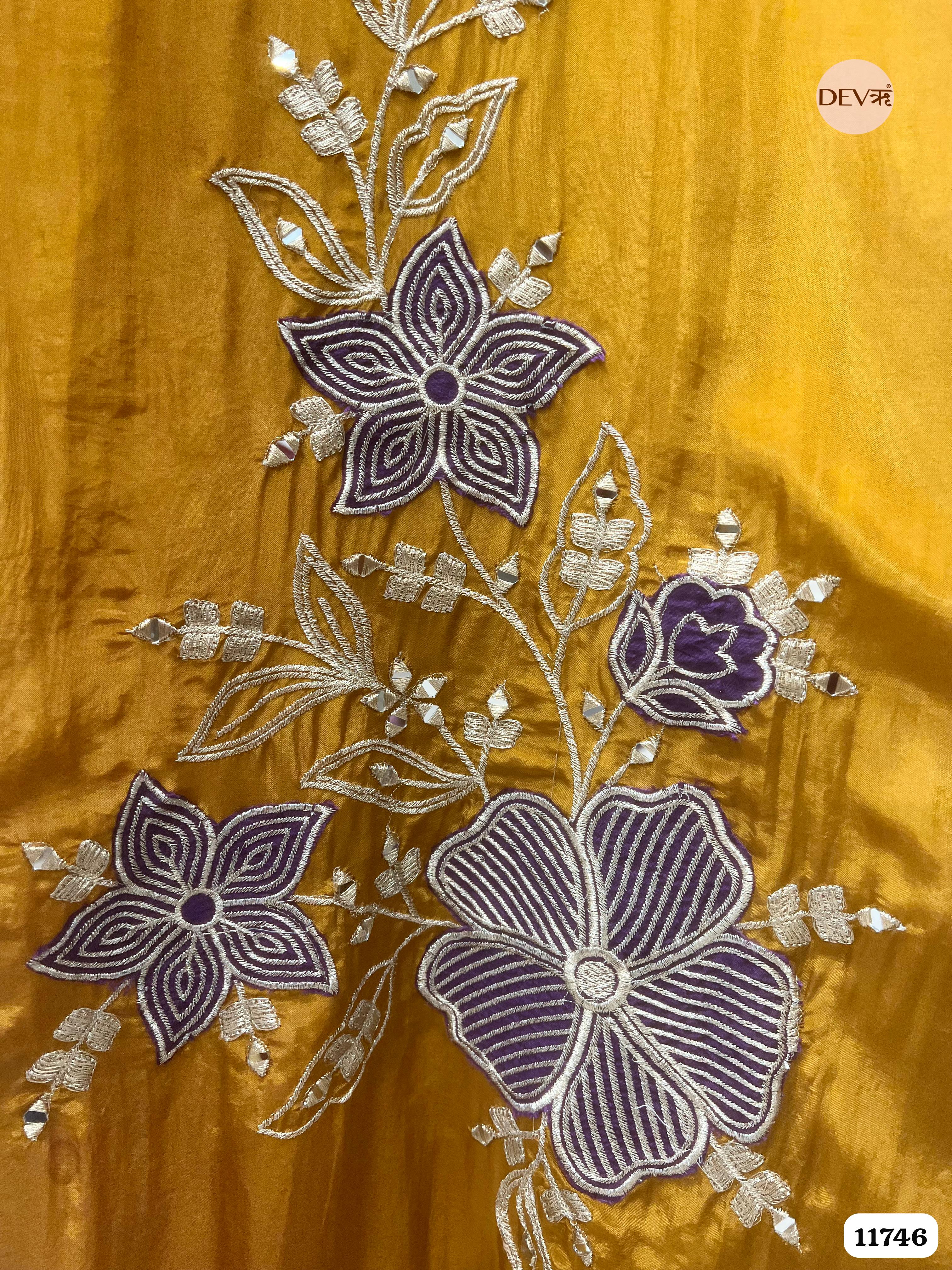 Golden Tissue Glass Silk Unstitched Hand Embroidered -Set Of 3 {11746}
