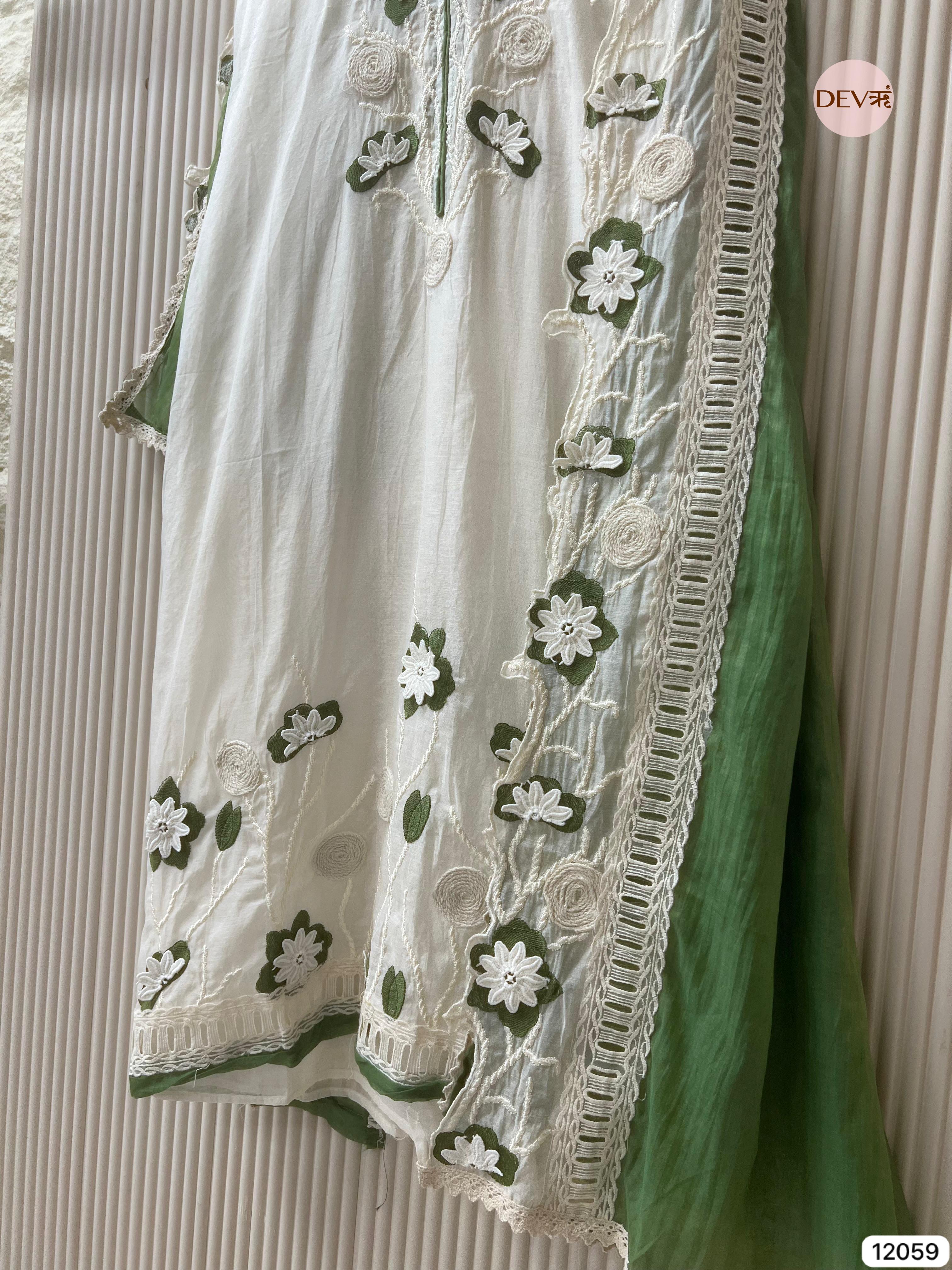 White Mul Chanderi Unstitched With Hand Embroidered -Set Of 3 - {12059}