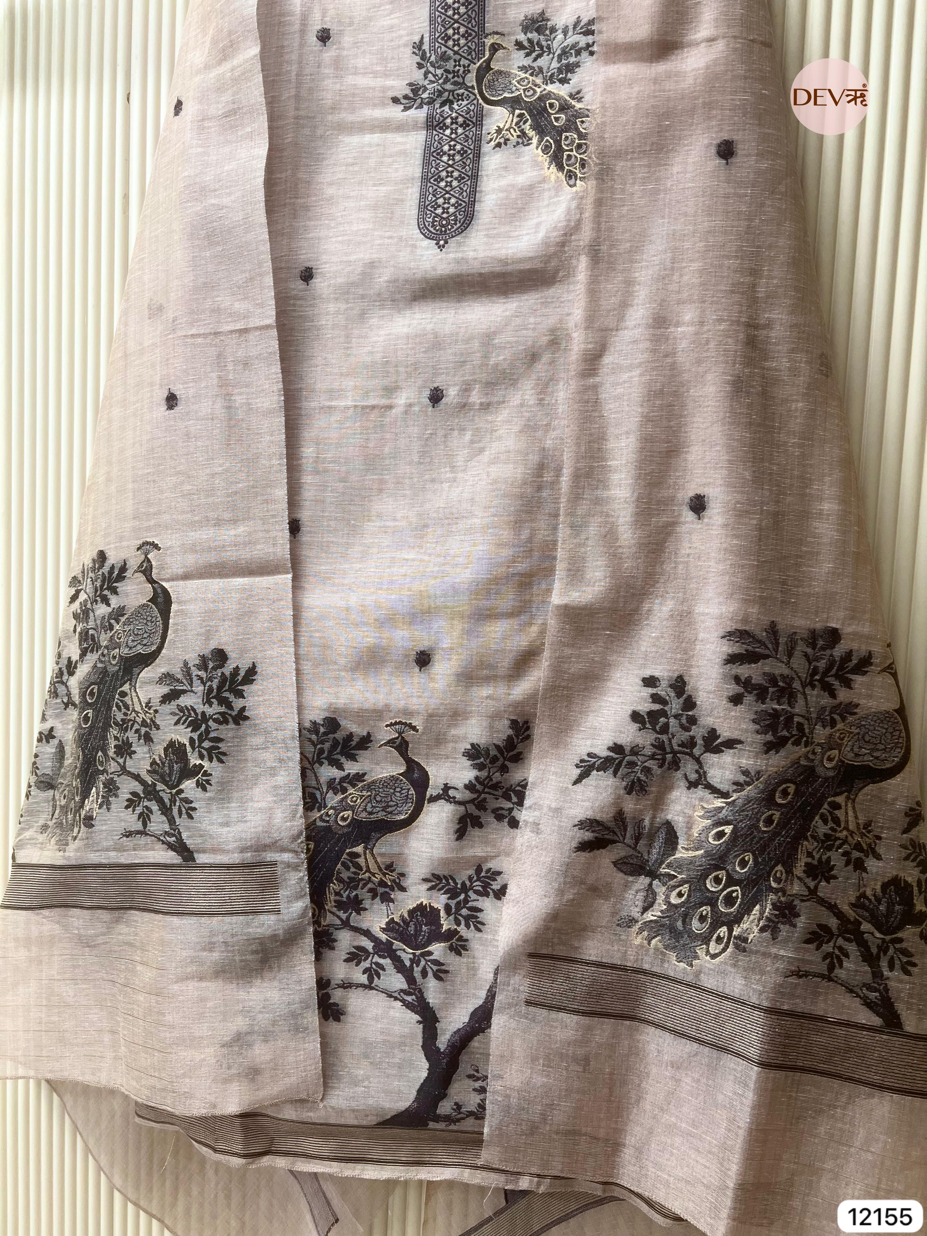 Light Brown Pure Jamdani Linen Unstitched-Set Of 3 - {12155}
