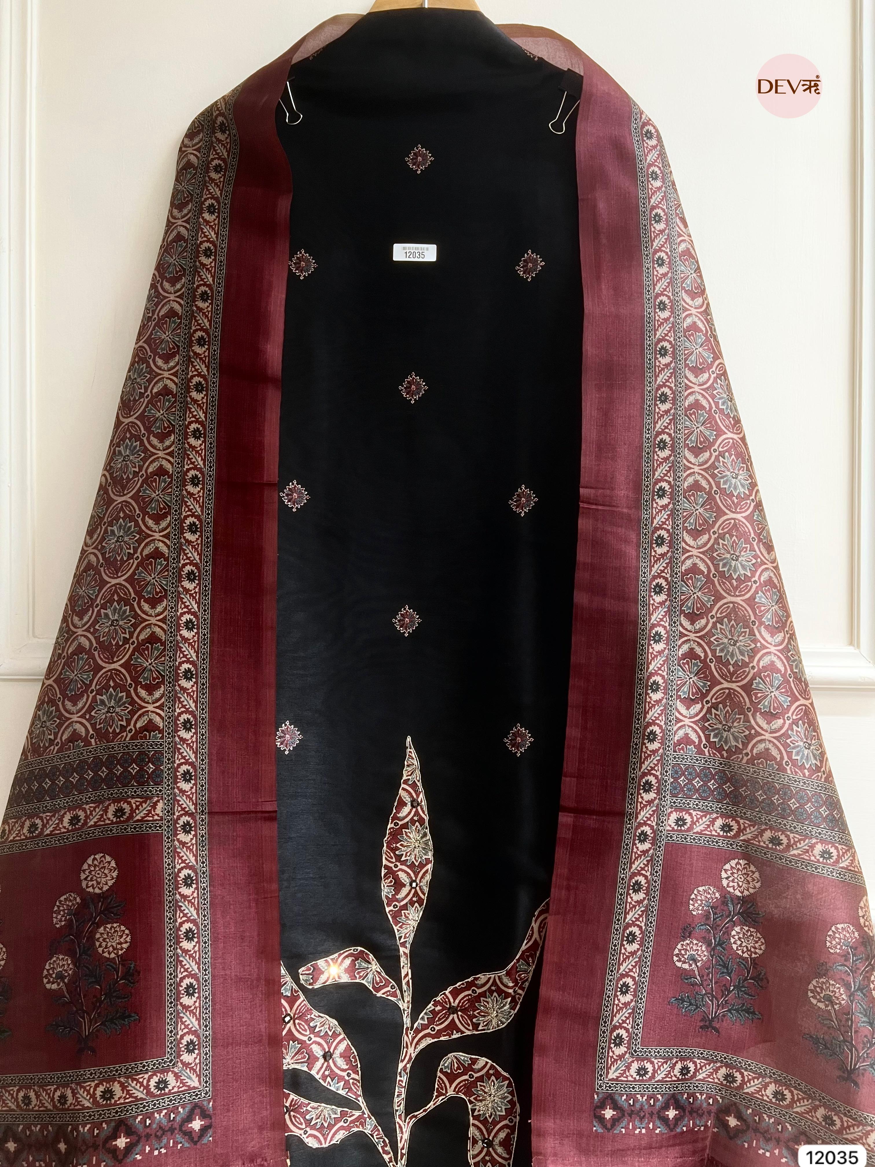 Black Raw Silk Unstitched Hand Applique Work Embroidered -Set Of 3 - {12035}