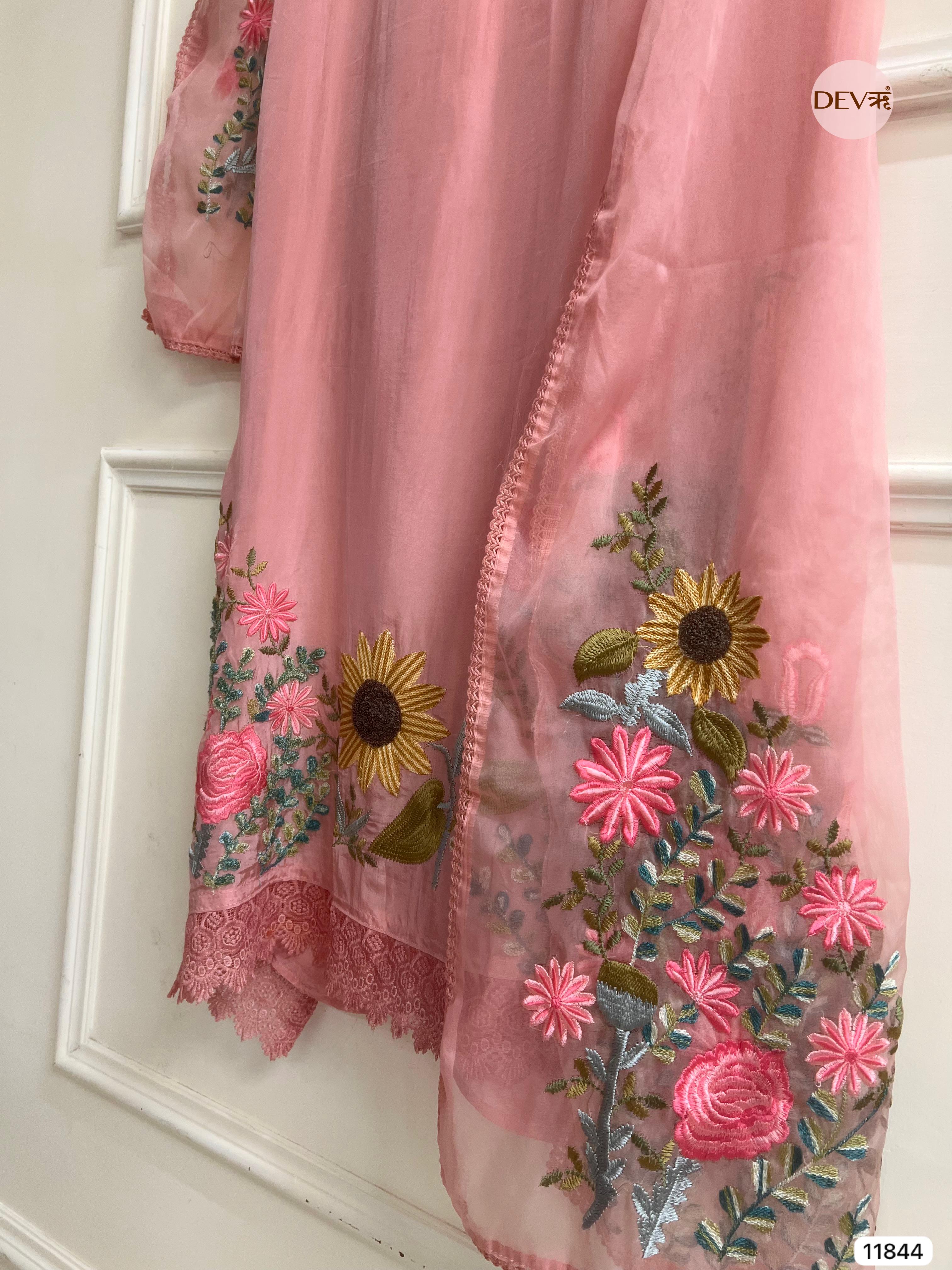 Pink Organza Silk Unstitched Embroidered -Set Of 3 - {11844}