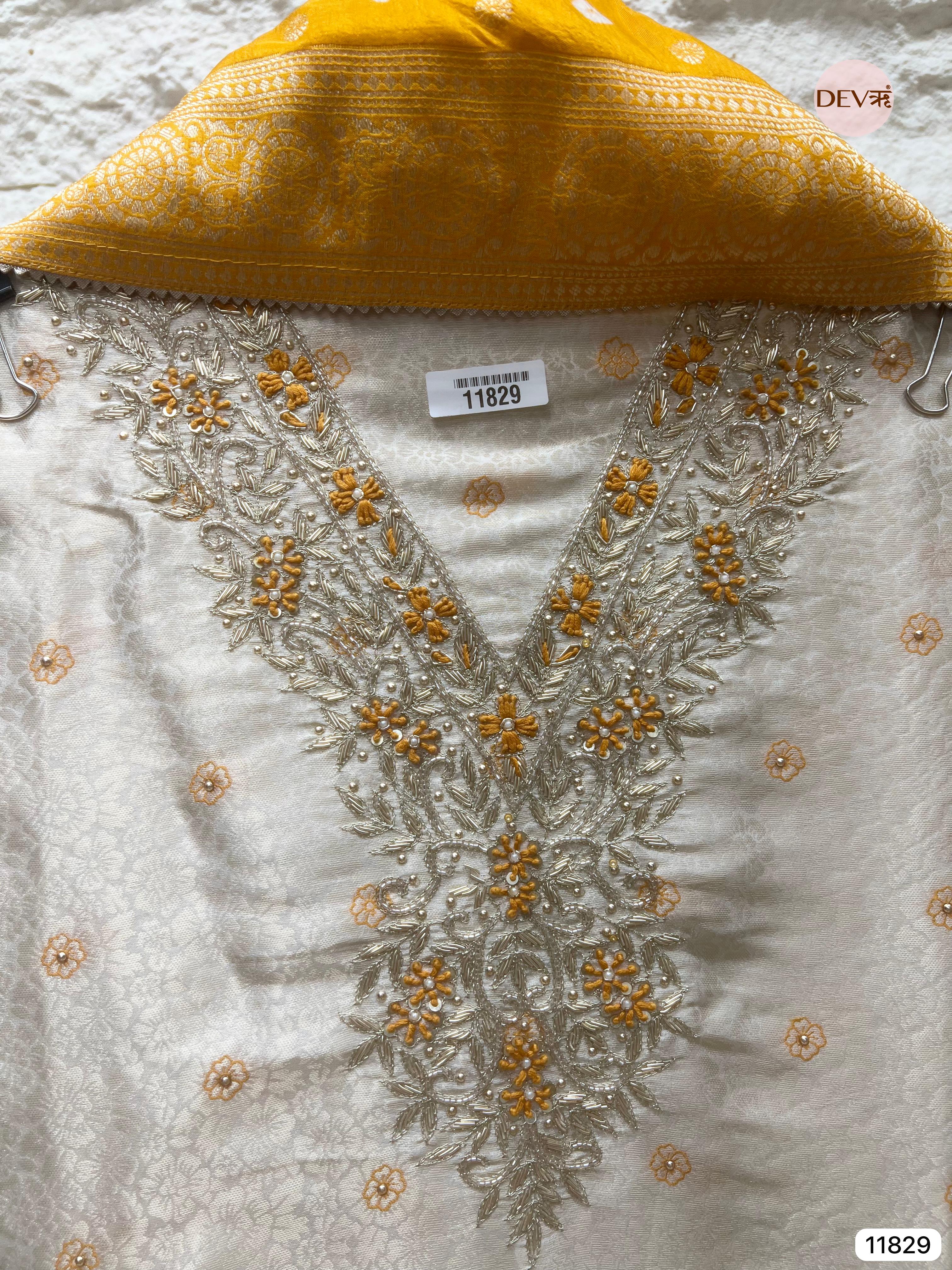 Cream Colour Pure Tissue Shimmer Silk Unstitched Hand Embroidered -Set Of 3- {11829}