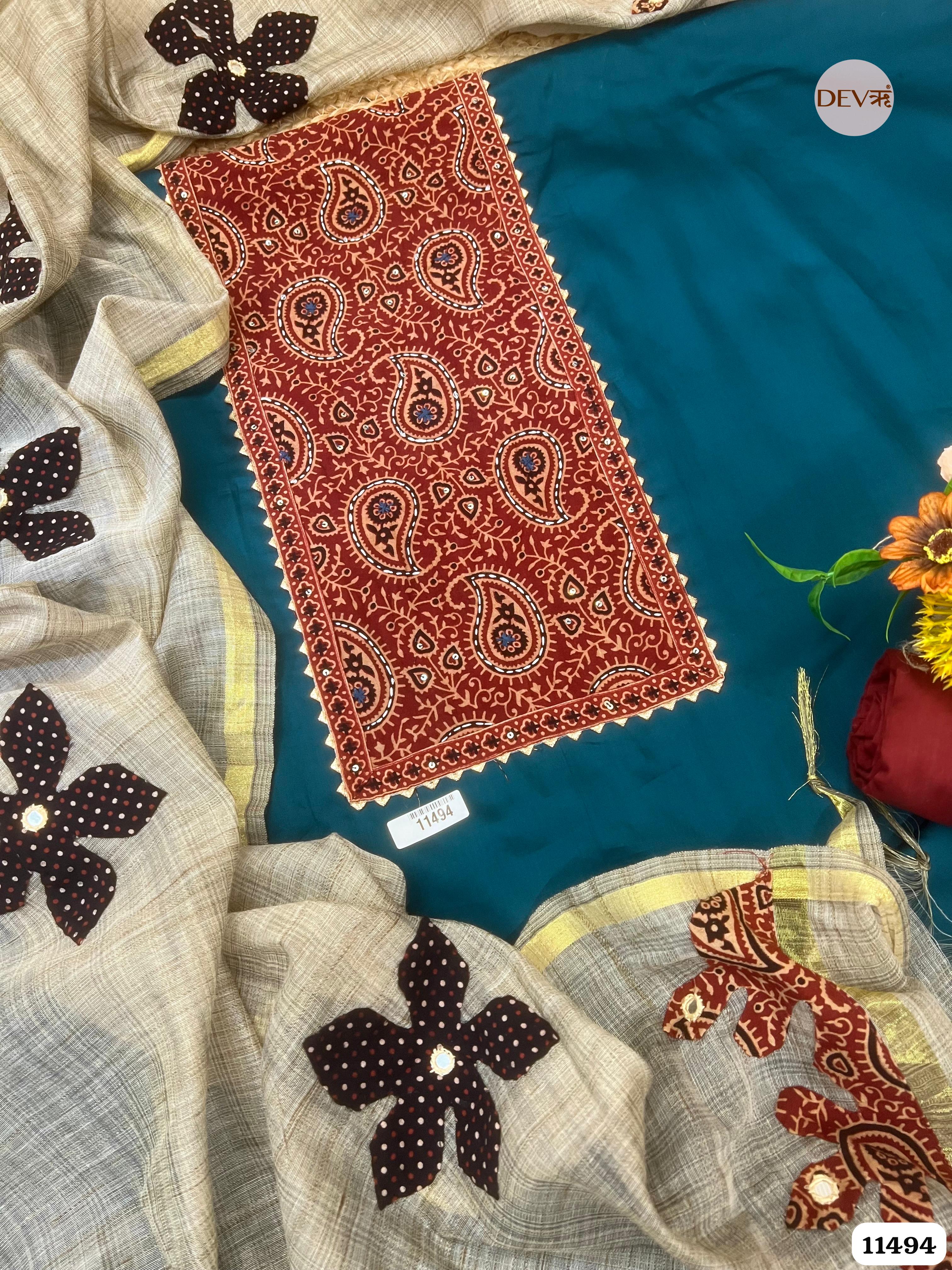 Deep Blue Cotton Jaam Unstitched Printed Hand Embroidered -Set Of 3 {11494}