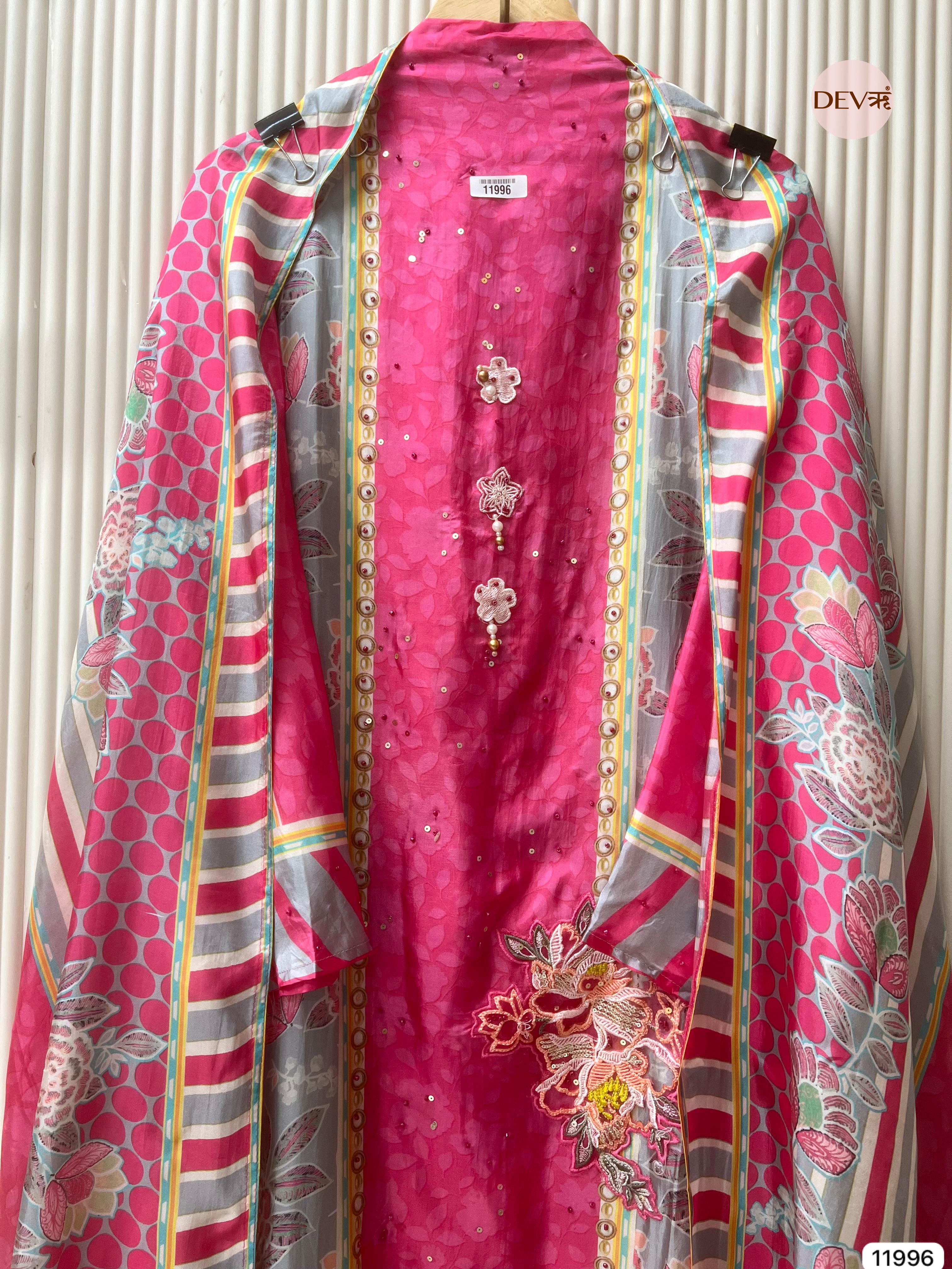 {11996}Pink Pure Organza Silk Semi stitched Printed Embroidered -Set Of 3