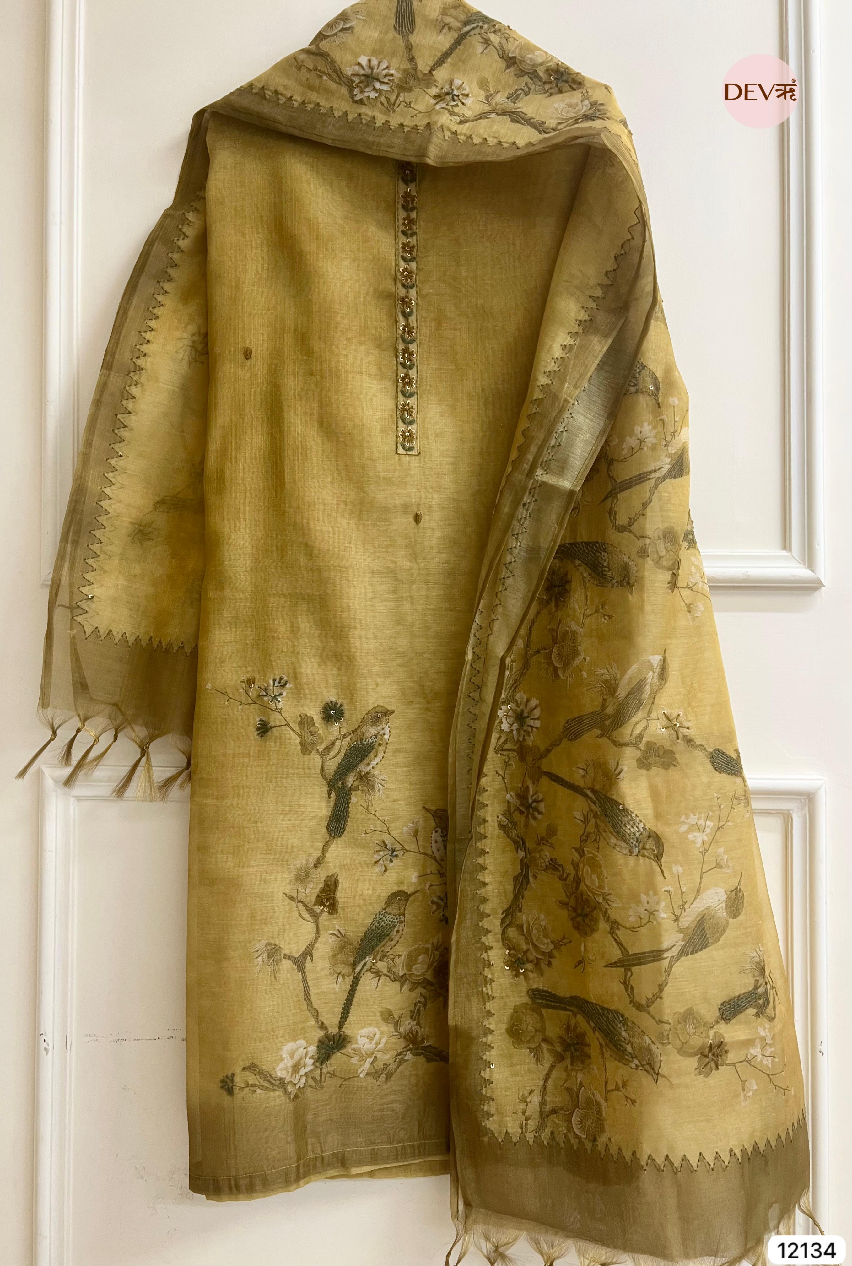Yellow Pure Soft jamdani linen Woven Unstitched -Set Of 3 - {12134}