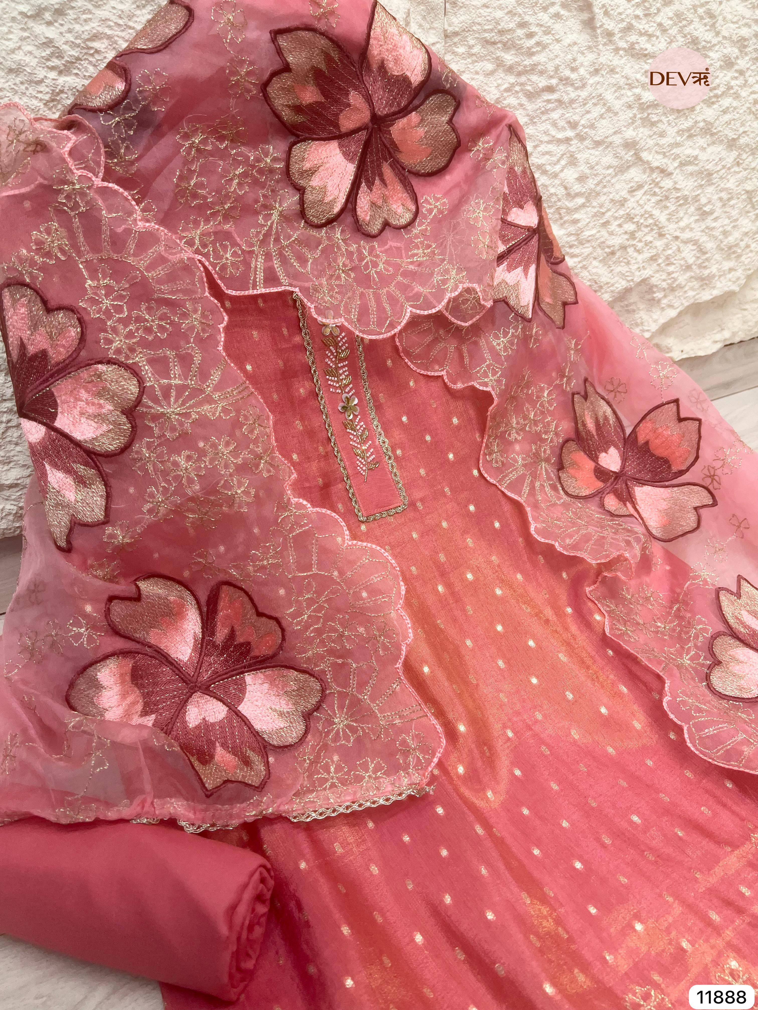 Peach-Pink Tissue Silk Unstitched Embroidered -Set Of 3 - {11888}