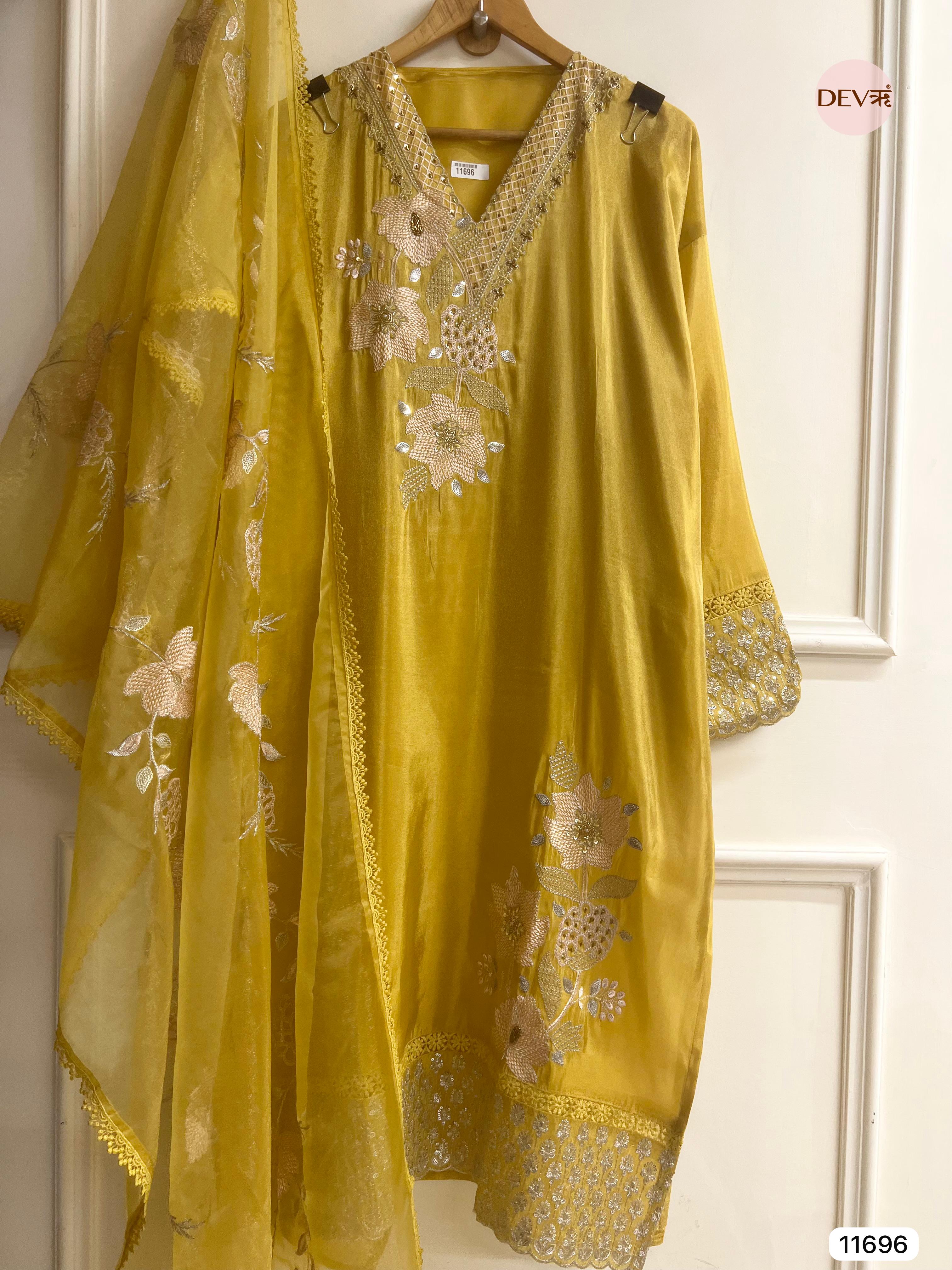 Yellow Tissue Shimmer Silk Semi Stitched Hand Embroidered -Set Of 3- {11696}
