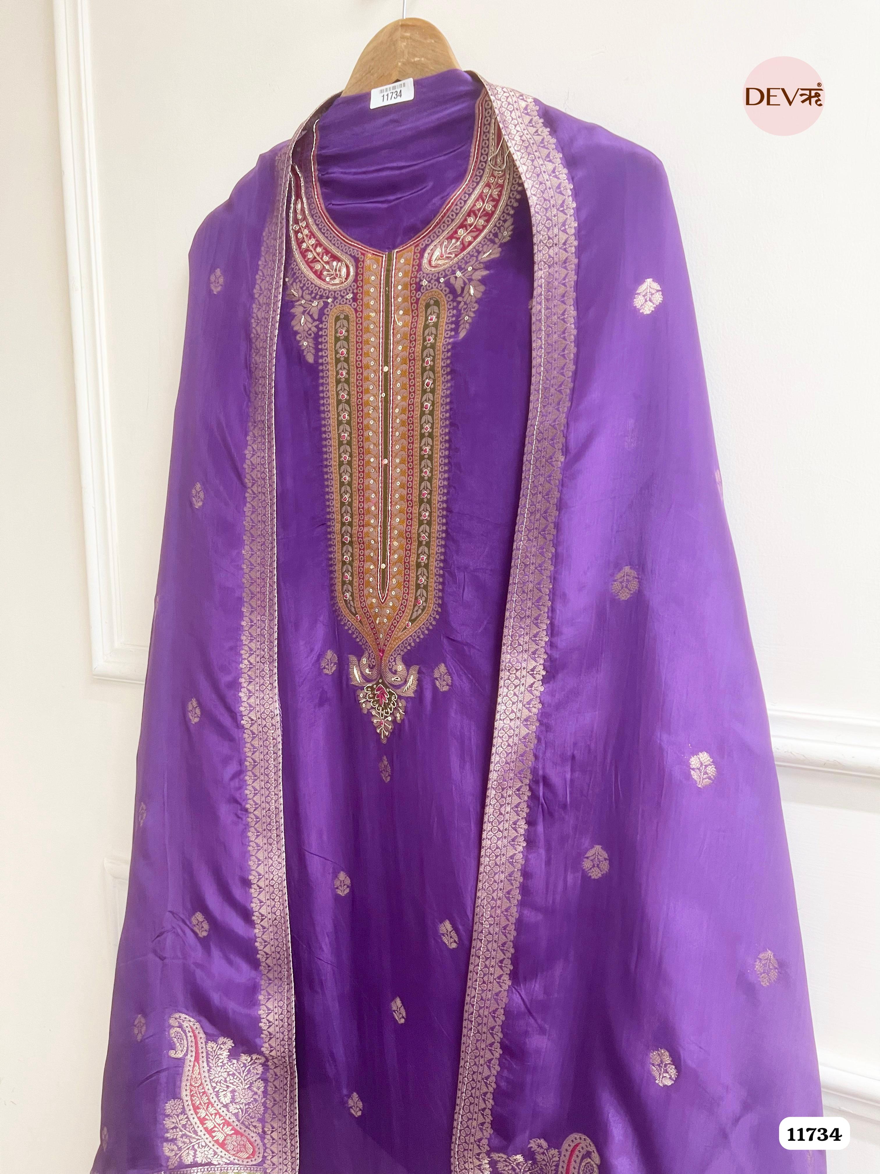 Purple Organza Silk Unstitched Banarasi Weave Hand Embroidered -Set Of 3 {11734}