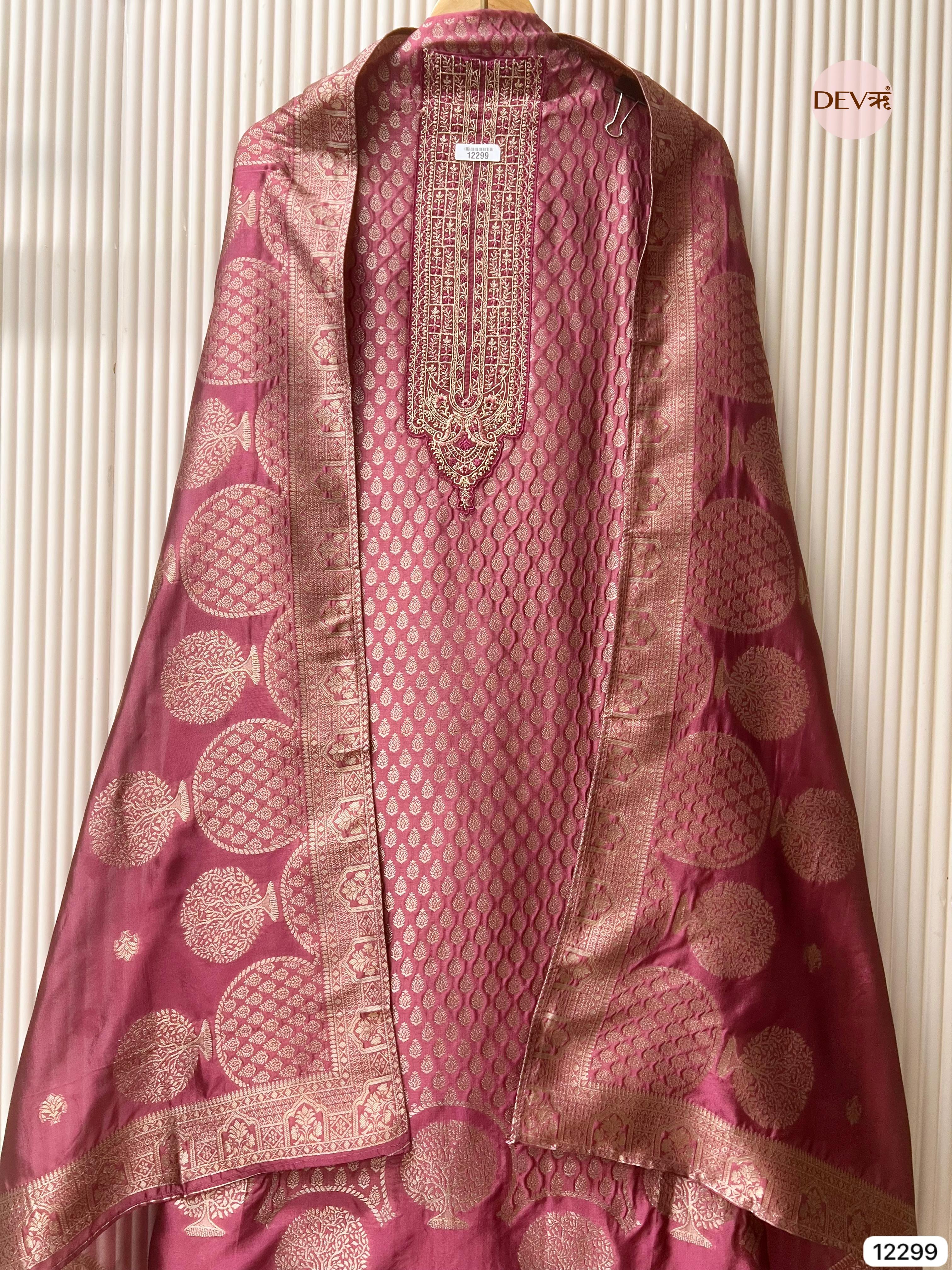 Rani Pink Pure Banarasi Silk Woven Unstitched 3-Piece Suit (Devri – D.No 12299)