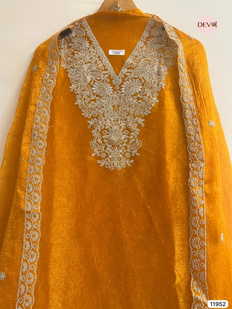 Mustard Crush Tissue Embroidered Unstitched 3-Piece Suit (Devri – D.No 11952)