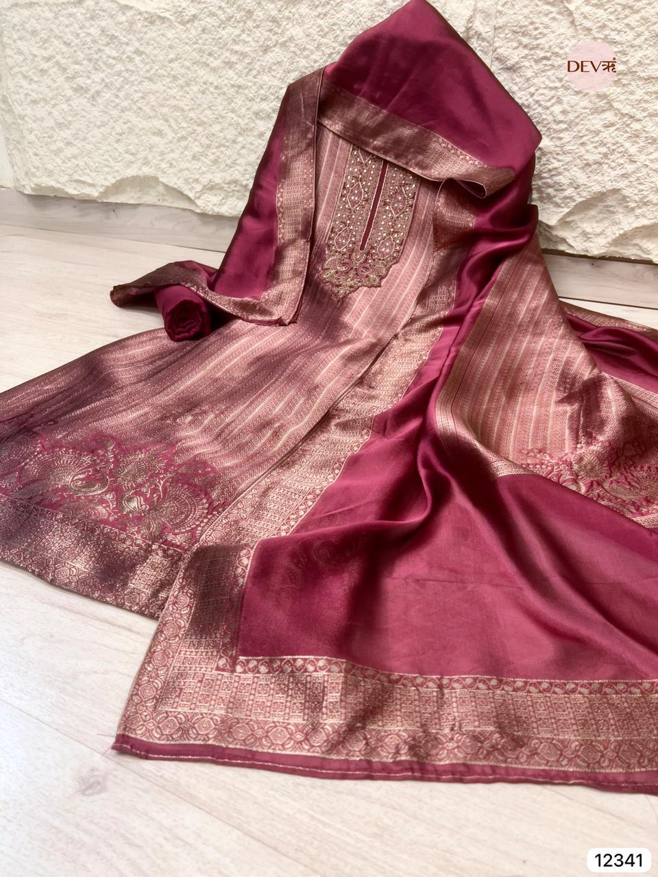 Wine Maroon Pure Banarasi Silk Woven Unstitched 3-Piece Suit (Devri – D.No 12341)