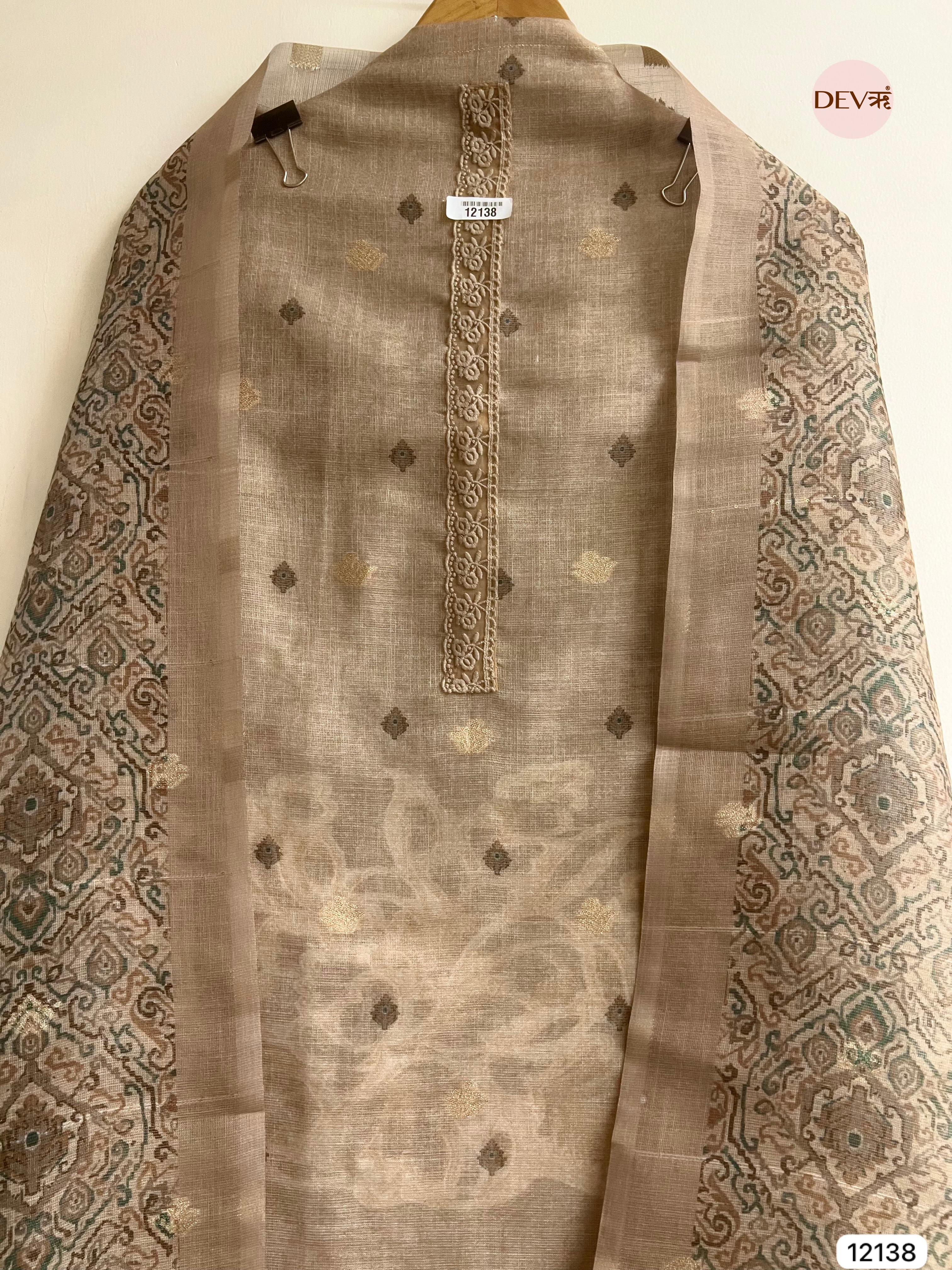 Beige Pure Jamdhani Silk Unstitched Woven Embroidered -Set Of 3 - {12138}