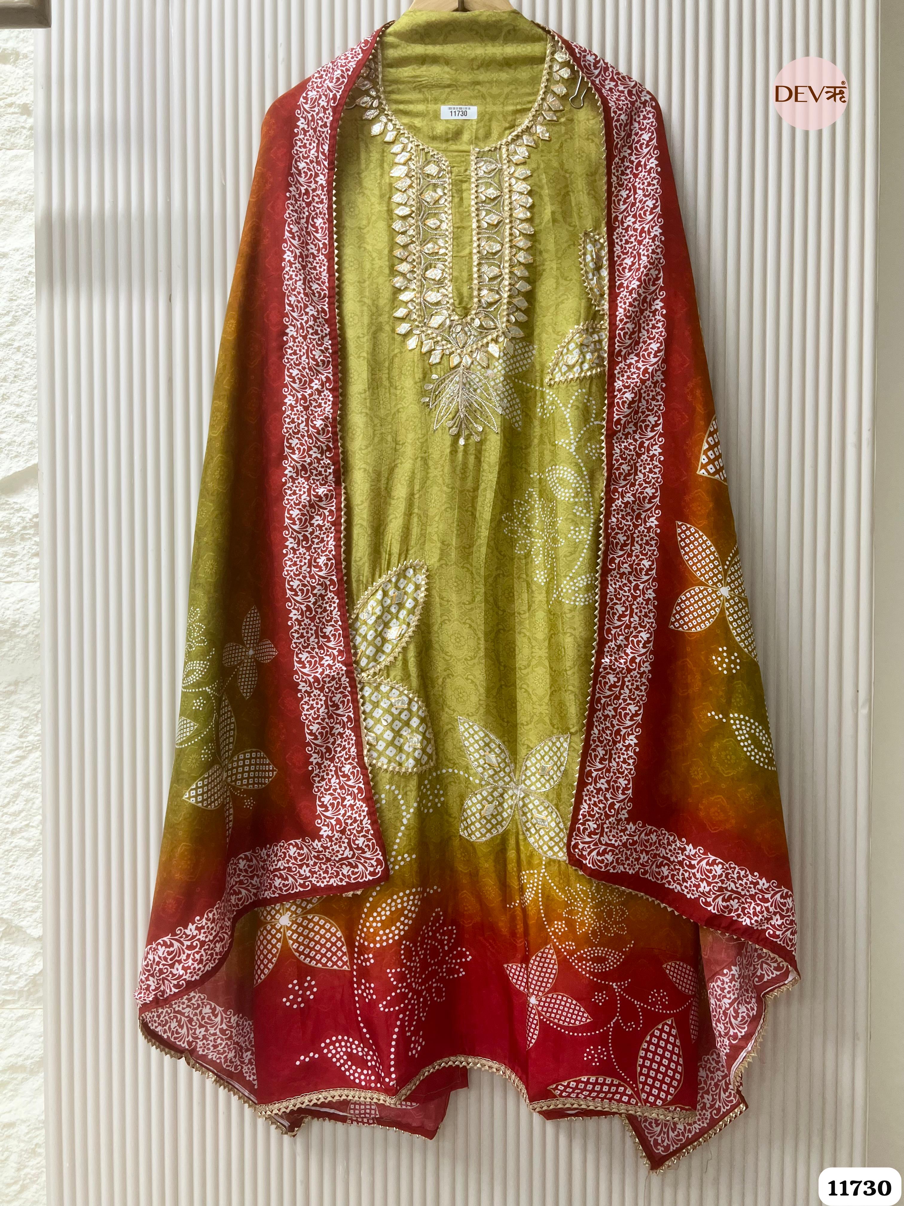 Green Russian Silk Semi Stitched Printed Hand Embroidered -Set Of 3- {11730}