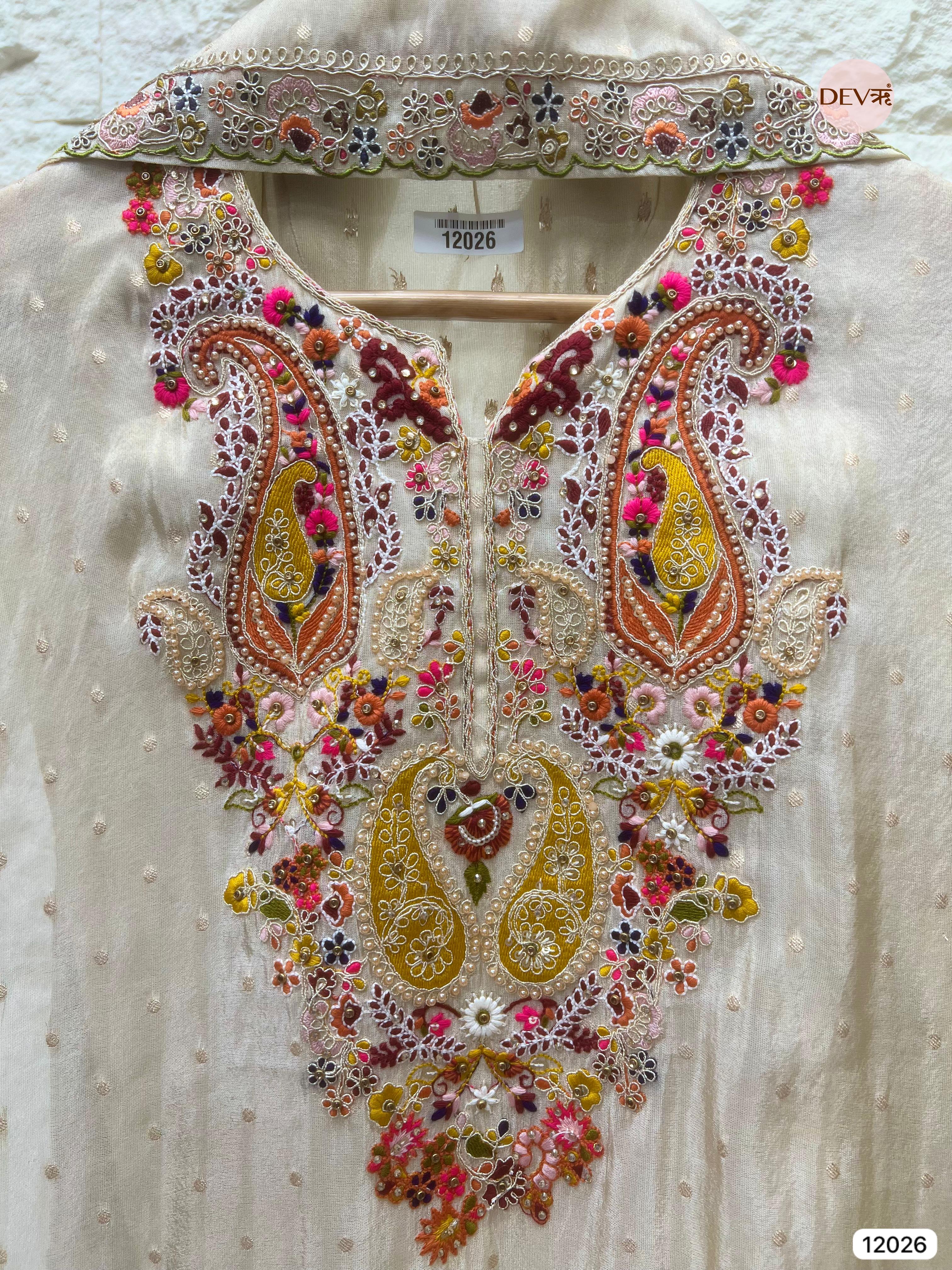 Cream Colour Tissue Shimmer Silk Unstitched Embroidered -Set Of 3 - {12026}