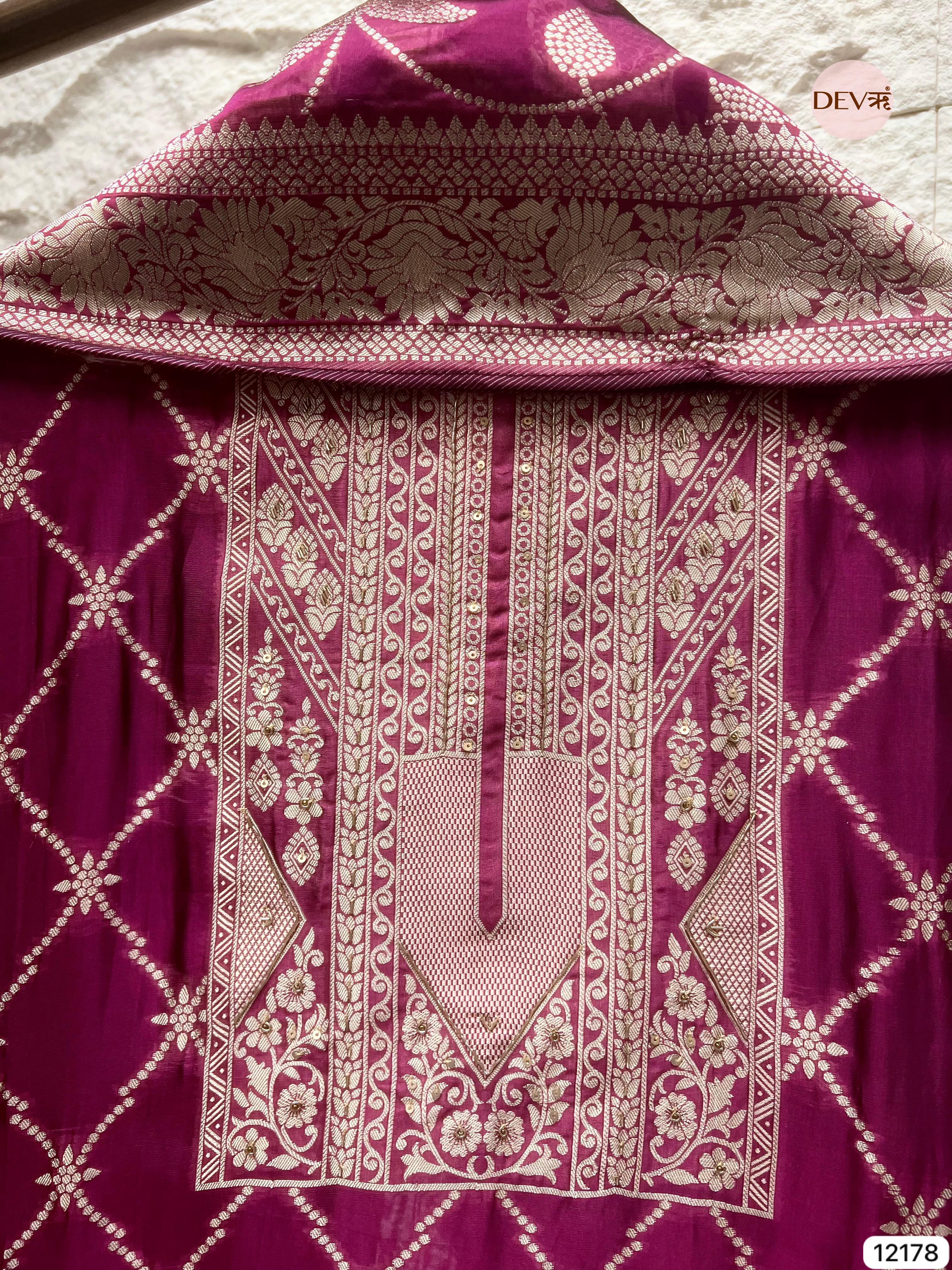 Magenta Pink Pure Banarasi Silk Unstitched Hand Embroidered-Set of 3 - {12178}