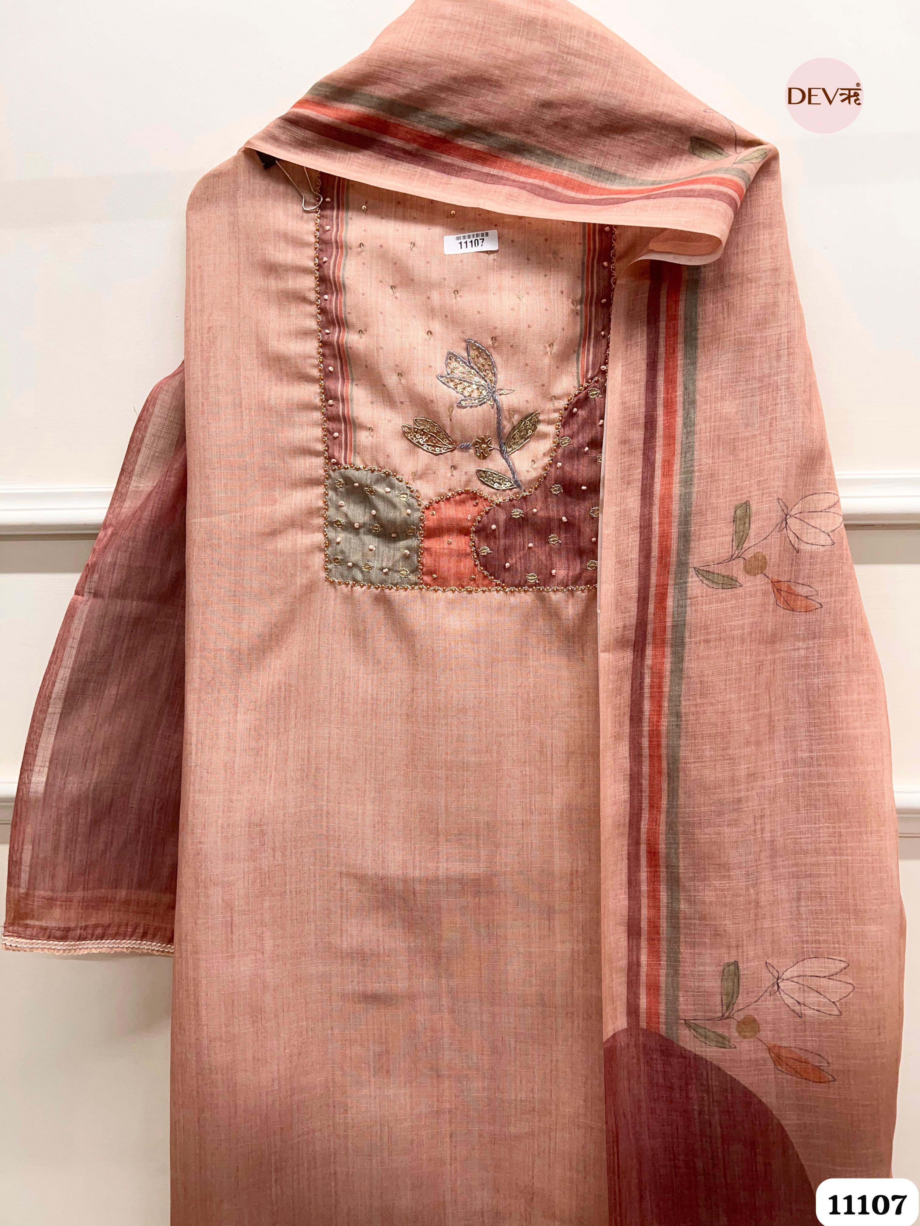 Light Brown Linen Unstitched Printed Hand Embidered -Set Of 3 {11107}