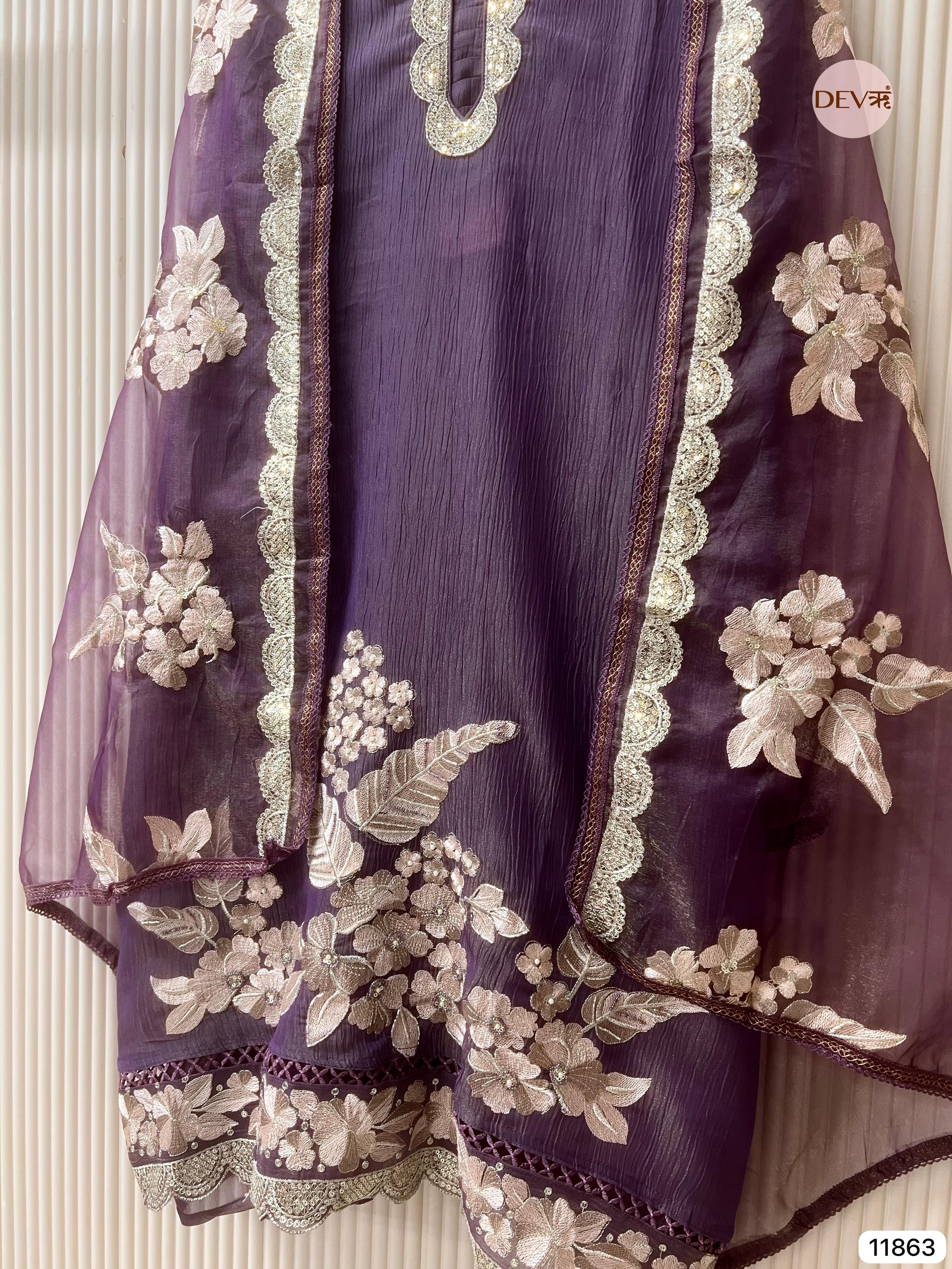 Purple Tissue crush silk unstitched embroidered -Set Of 3- {11863}