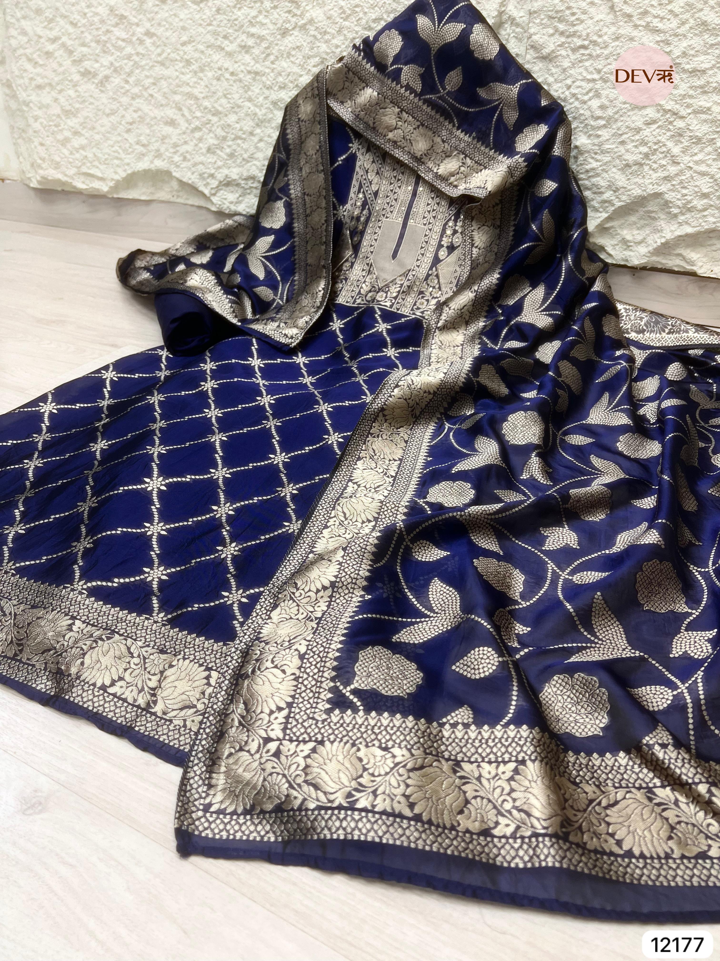 Blue Pure Banarasi Silk Unstitched Hand embroidered- Set of 3 - {12177}