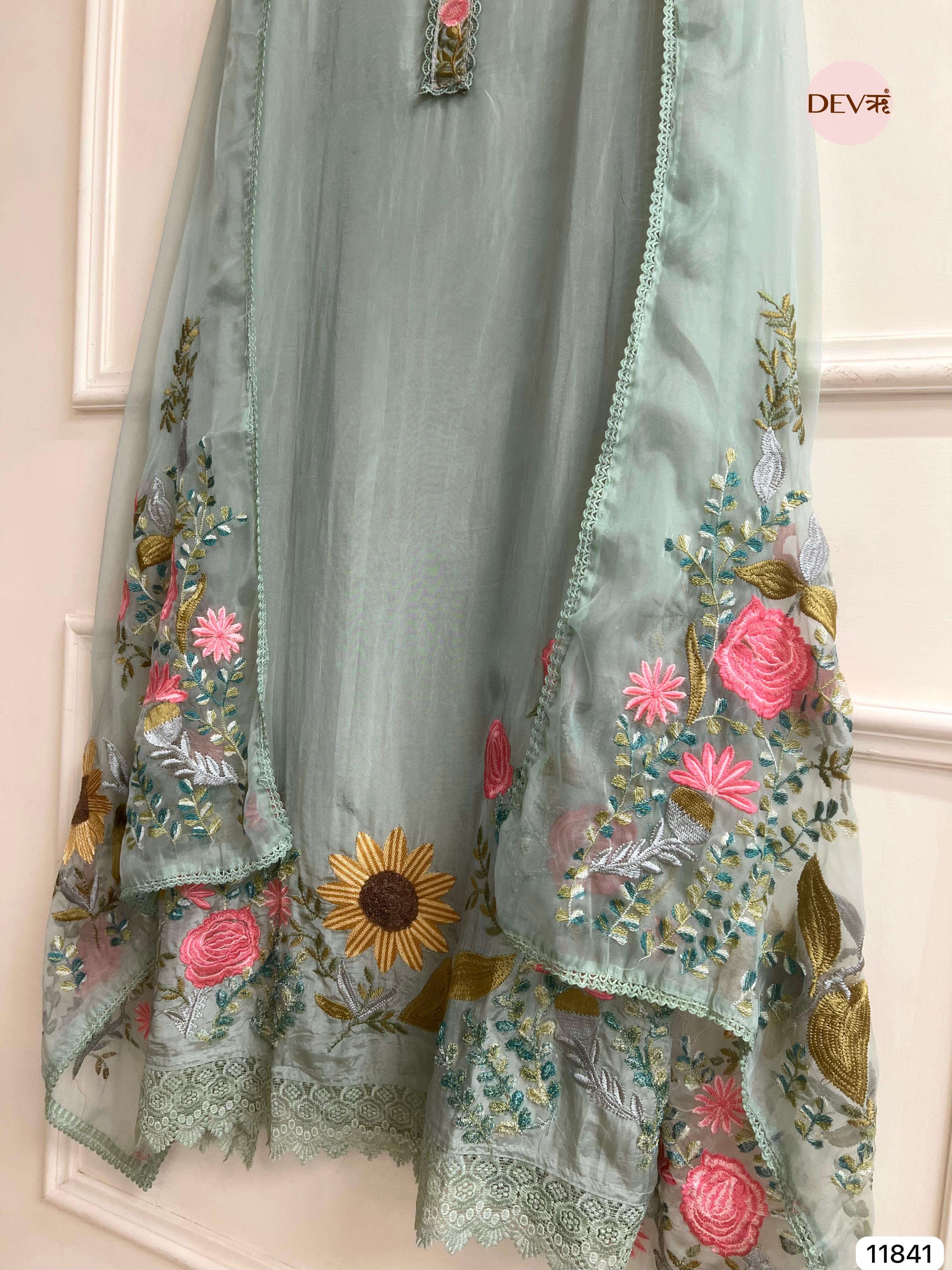 Green Organza silk unstitched embroidered -Set Of 3- {11841}