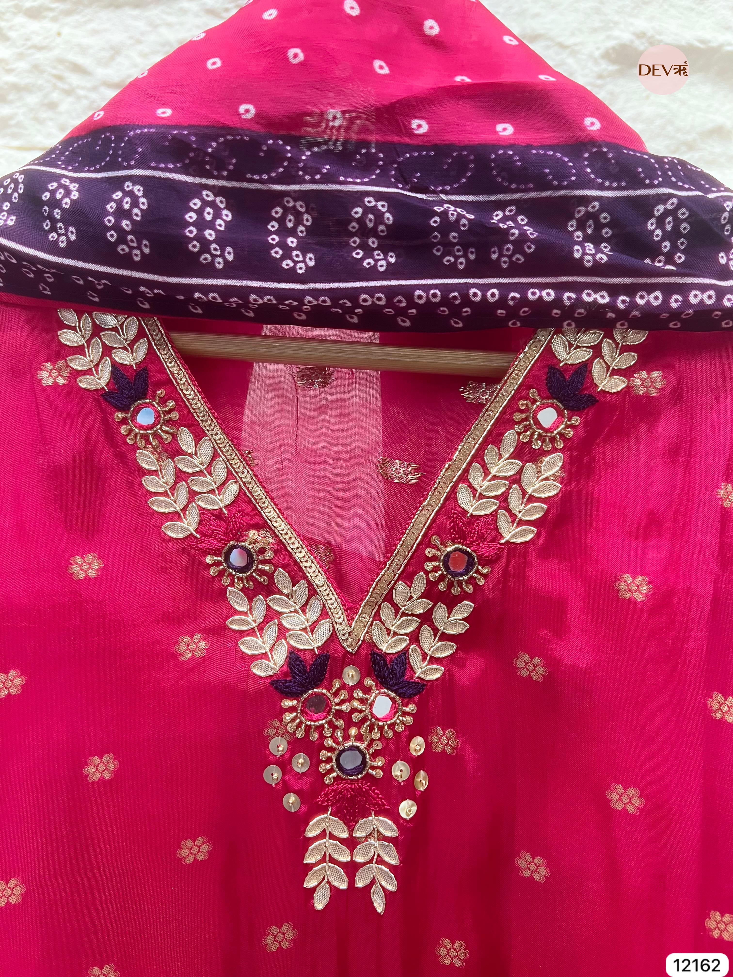 Pink Pure Shimmer Organza Silk Unstitched Banarasi Woven Bandhani Printed Hand Embroidered -Set Of 3 - {12162}