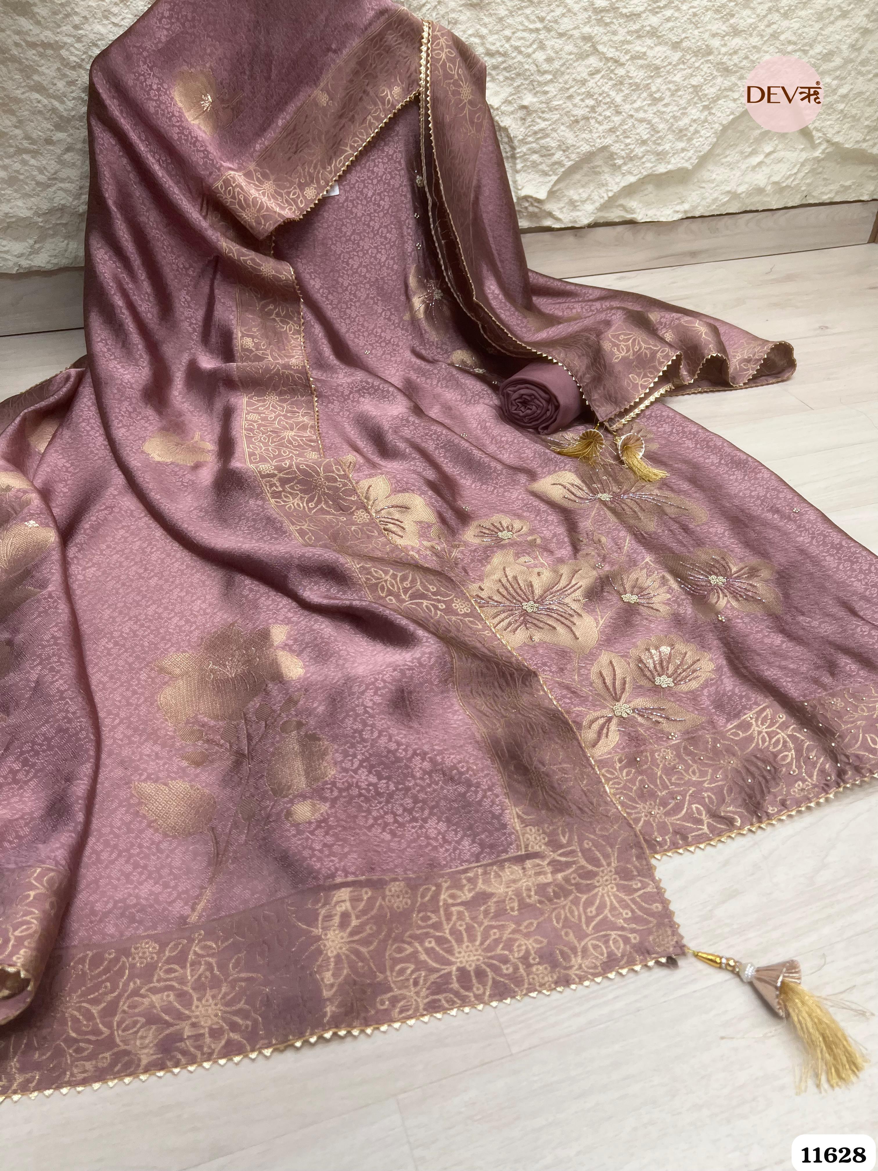 Purple Pure Dola Silk Banarasi Woven Unstitched Hand Embroidered -Set Of 3 {11628}