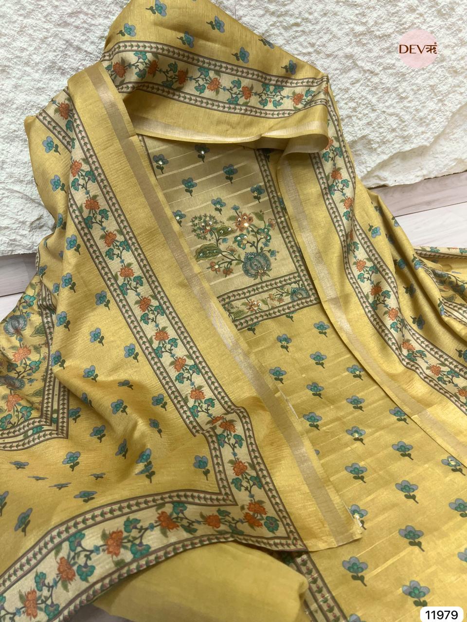 Mustard Pure Tusser Silk Printed Unstitched 3-Piece Suit (Devri – D.No 11979)