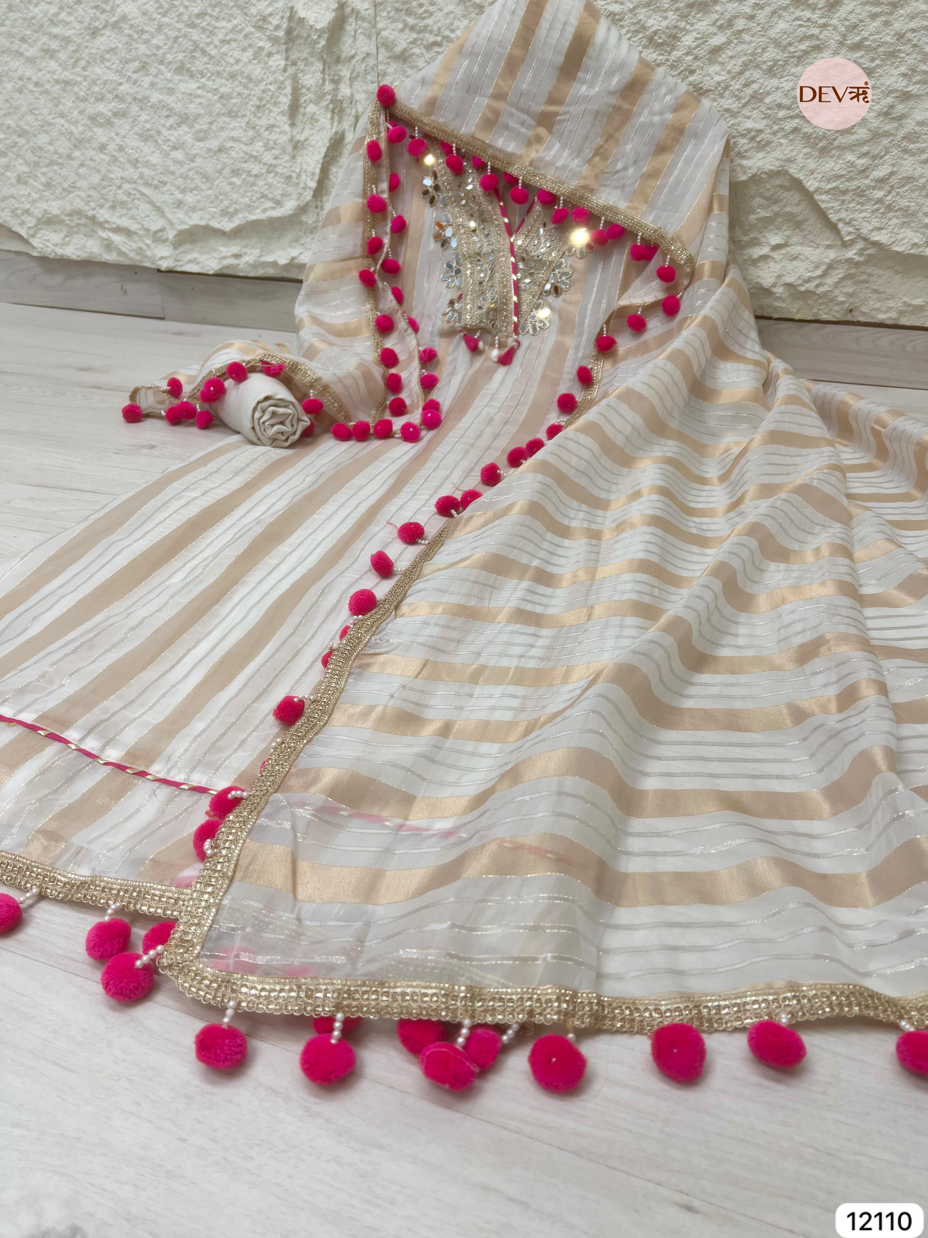 Cream Colour Tissue Shimmer Silk Unstitched Hand Embroidered -Set Of 3 - {12110}