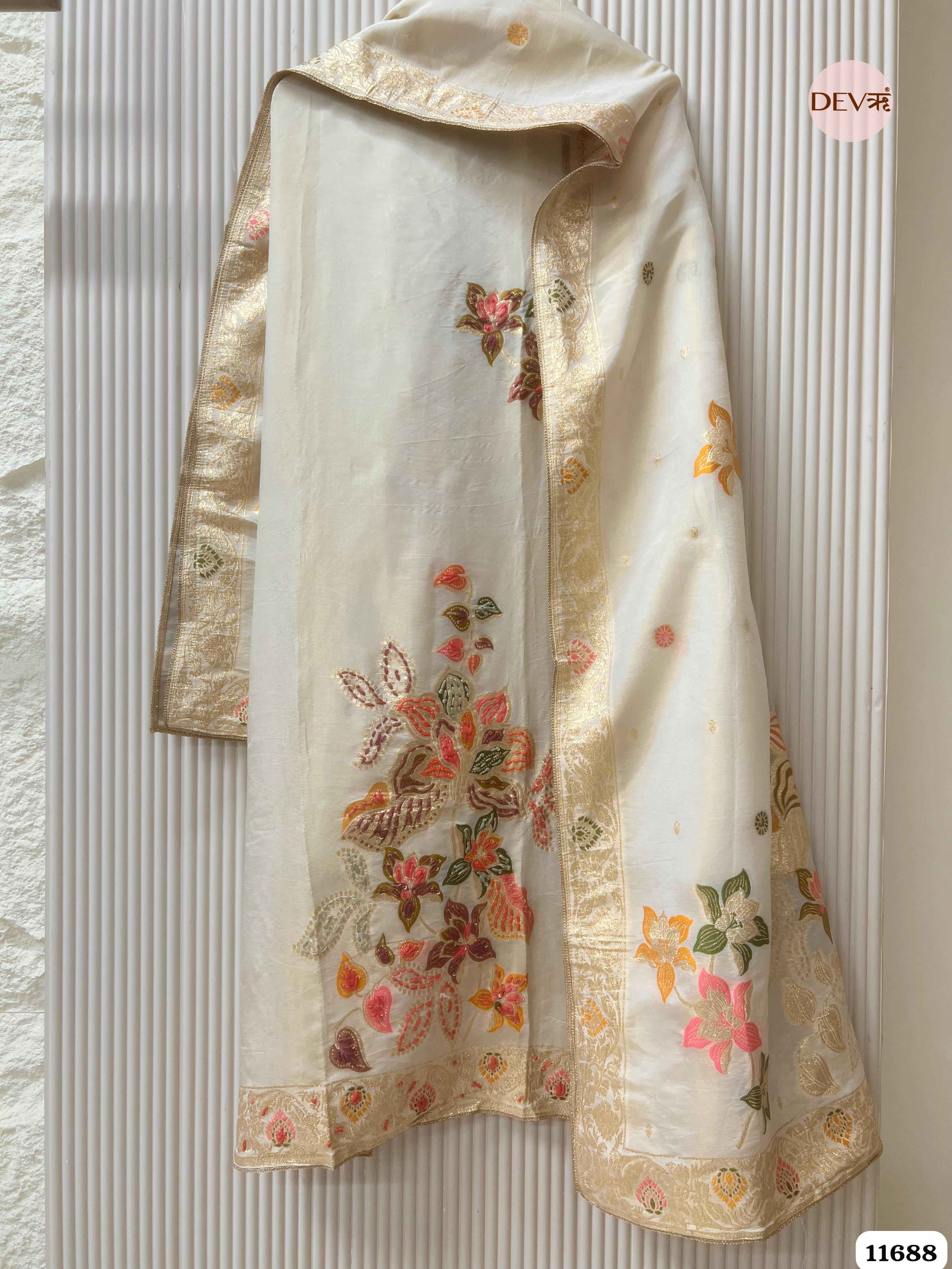 Off white Burberry Silk Unstitched Woven Hand Embroidered -Set Of 3 {11688}
