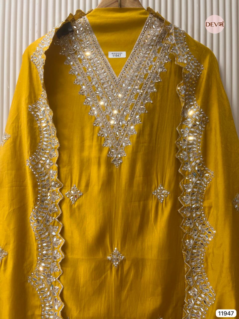 Yellow Modal Silk Unstitched Hand Embroidered -Set Of 3 - {11947}