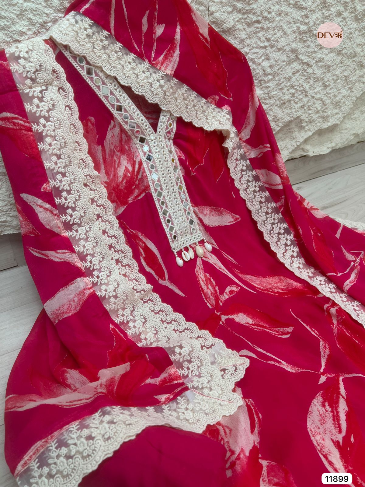 Pink Chinon Unstitched Printed Hand Embroidered -Set Of 3- {11899}