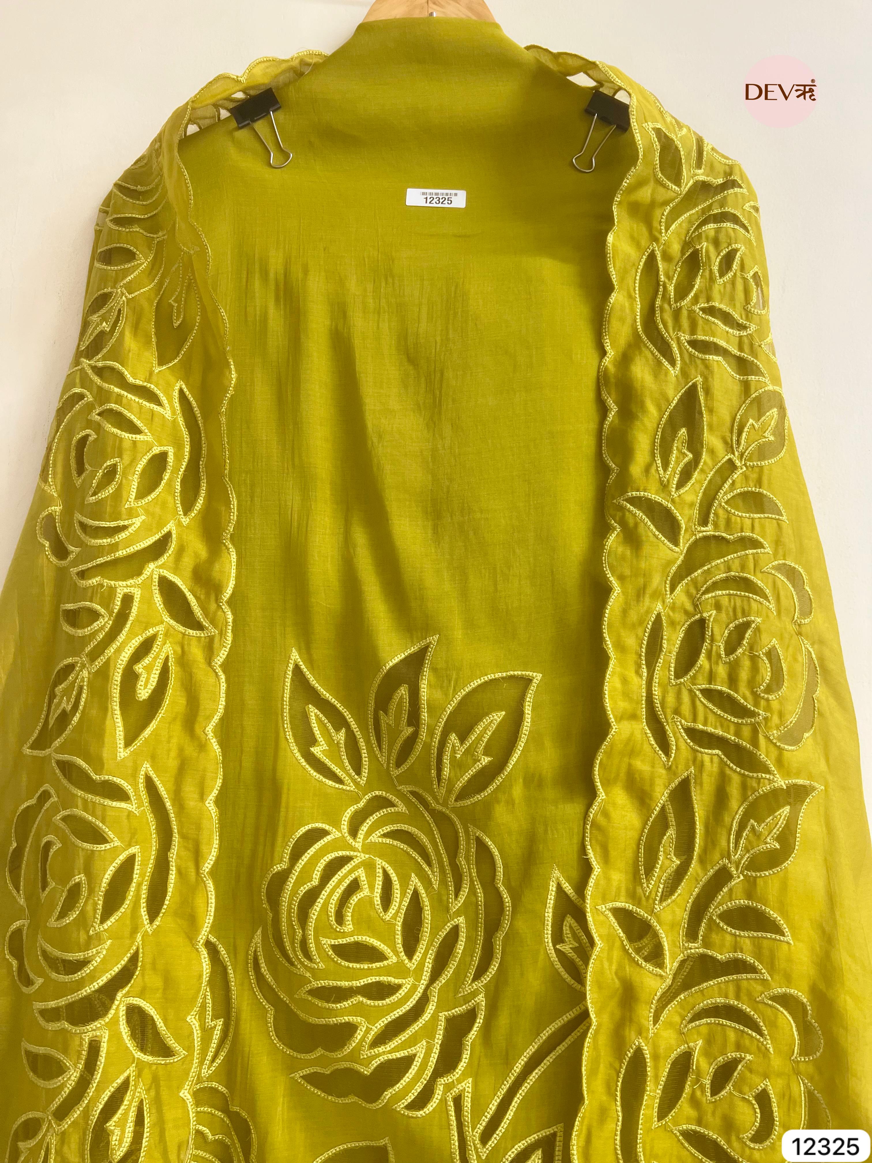 Lime Green Mul Chanderi Embroidered Unstitched 3-Piece Suit (Devri – D.No 12325)