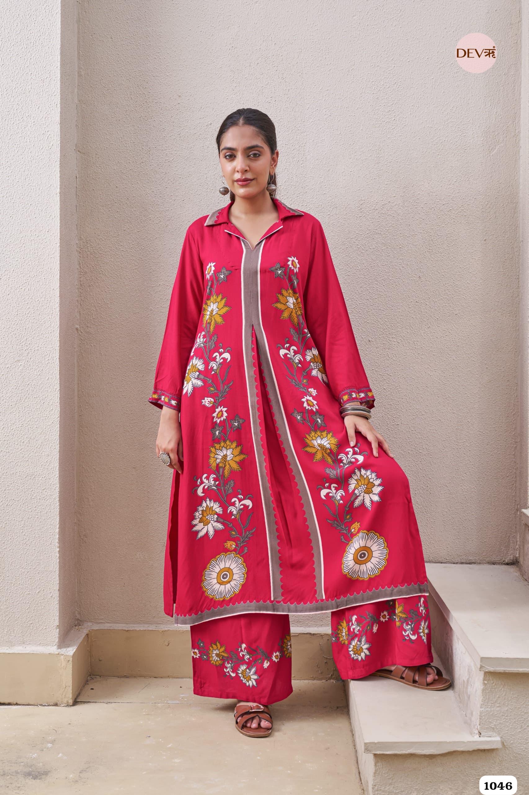 Raspberry Pink Printed Co-ord Set  Of 2 - {1046}