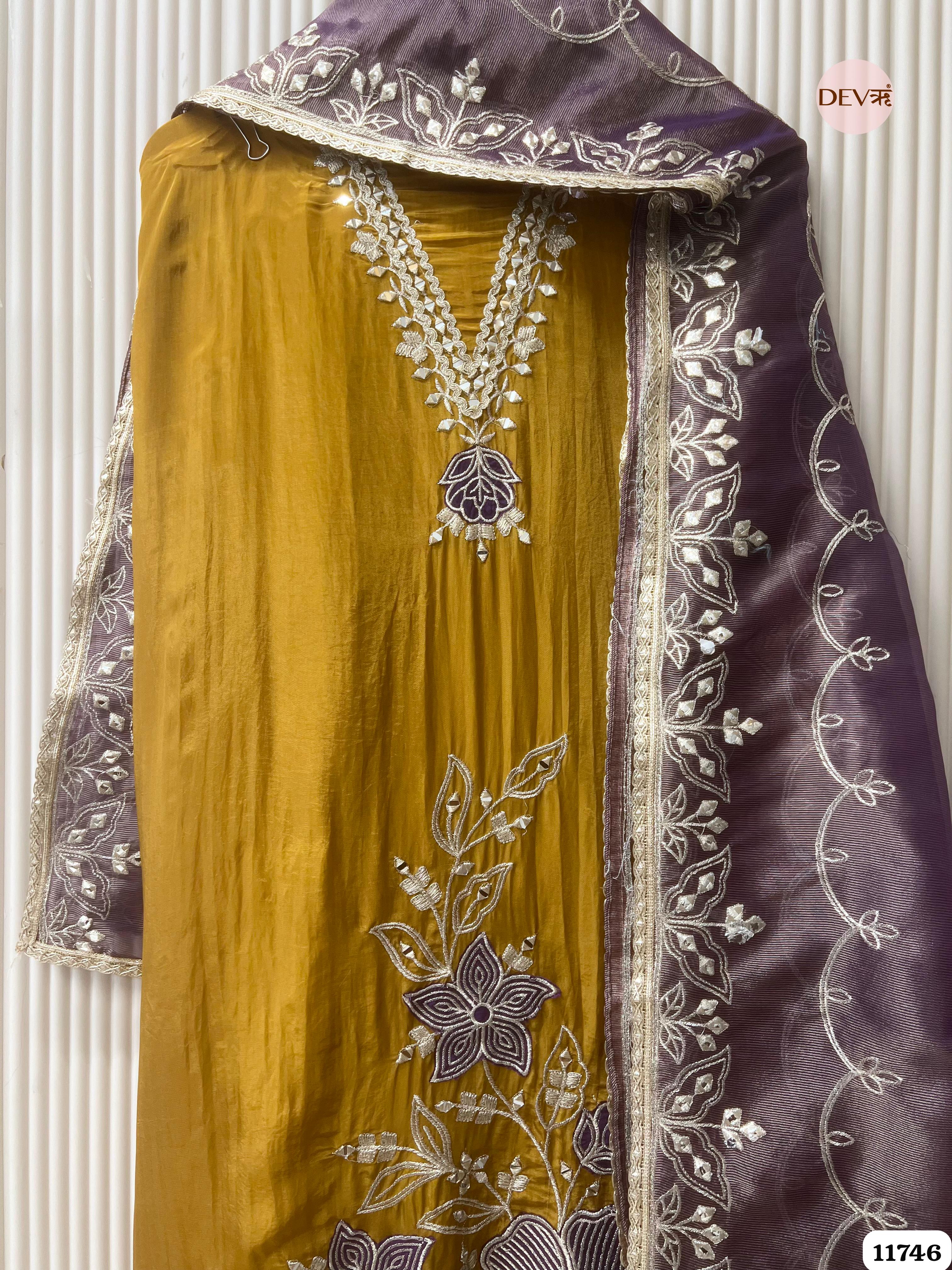 Golden Tissue Glass Silk Unstitched Hand Embroidered -Set Of 3 {11746}
