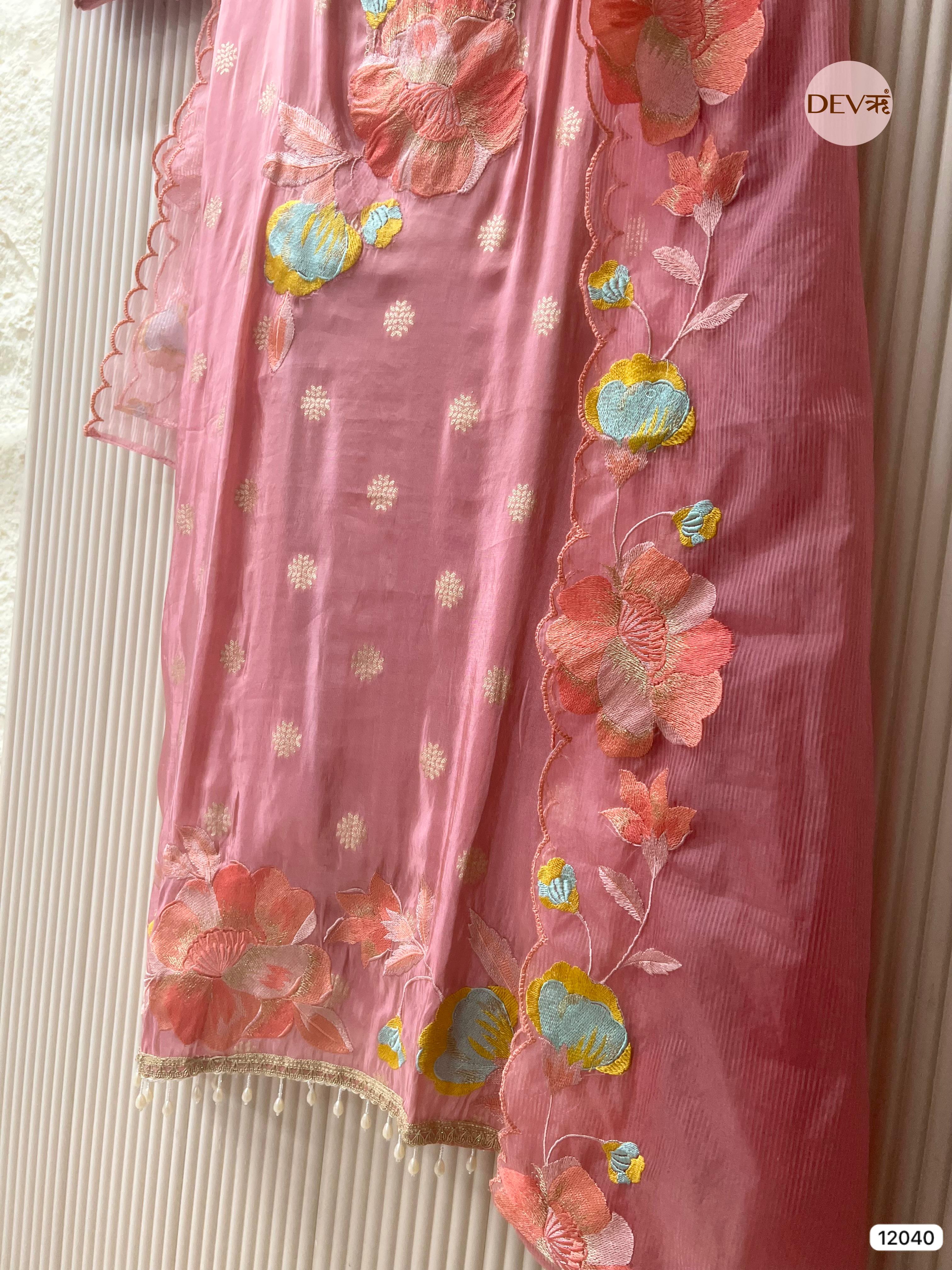 Pink Tissue Shimmer Silk Banarasi Weave Unstitched Embroidered -Set Of 3 - {12040}