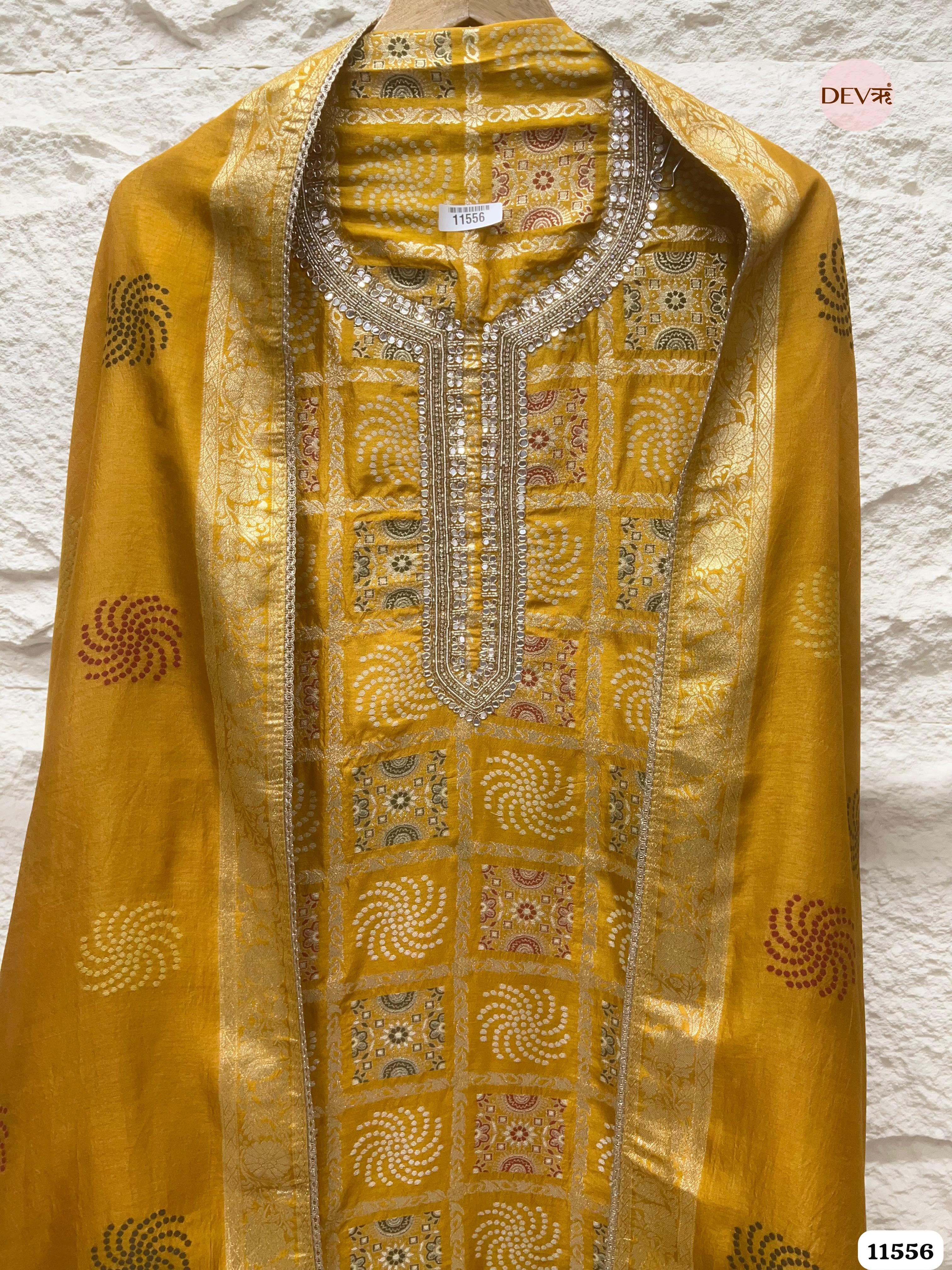 Mustard Yellow Pure Banarasi Silk Woven Unstitched Hand Embroidered -Set Of 3 {11556}