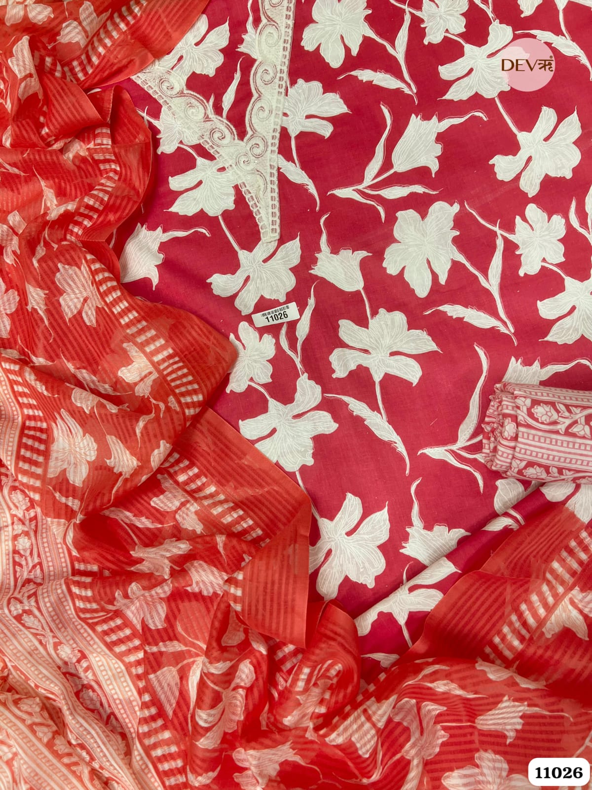 Pink Cotton Unstitched Printed Embroidered -Set Of 3 {11026}
