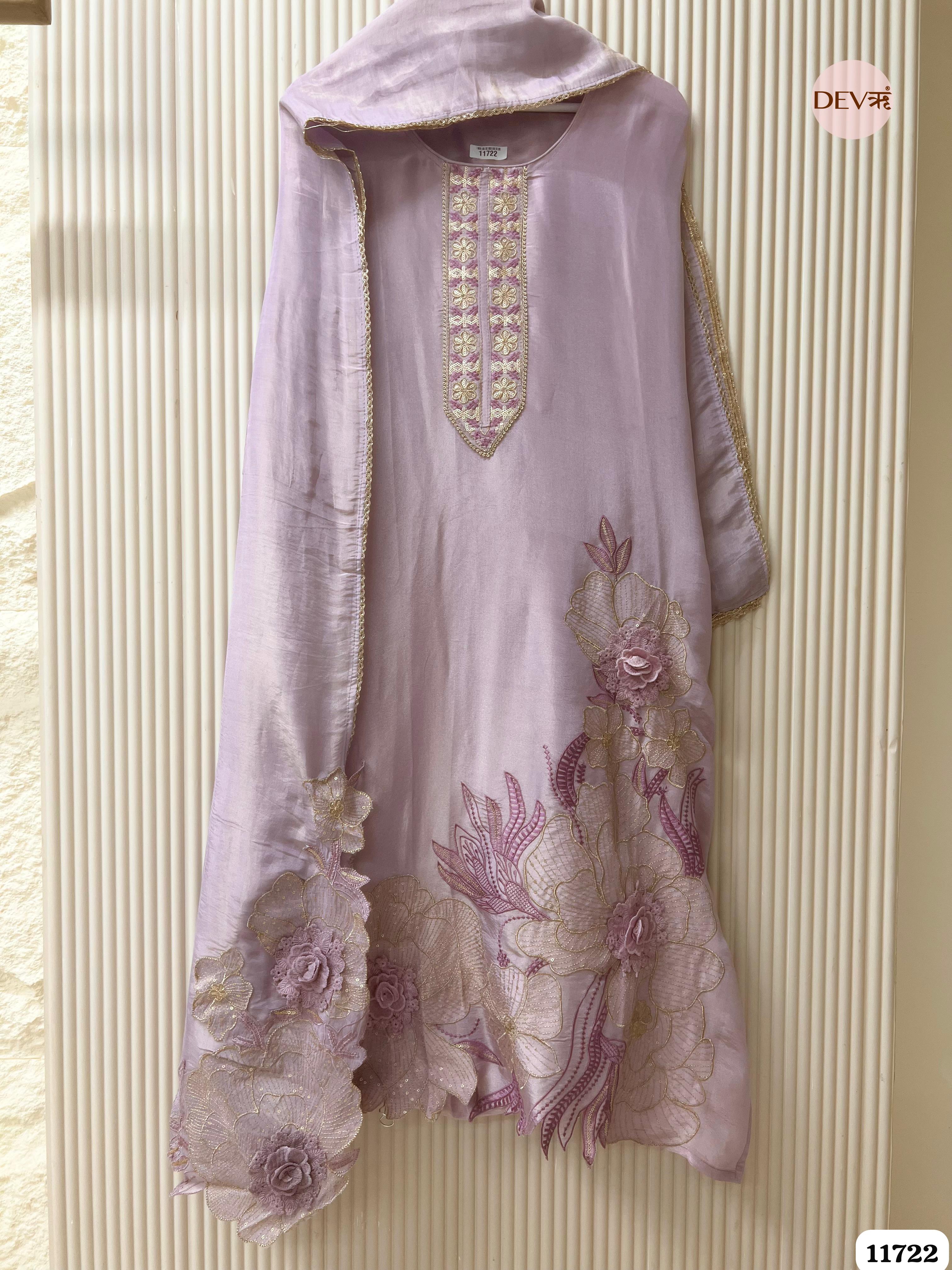 Light Purple Tissue Shimmer Silk Unstitched Embroidered -Set Of 3- {11722}