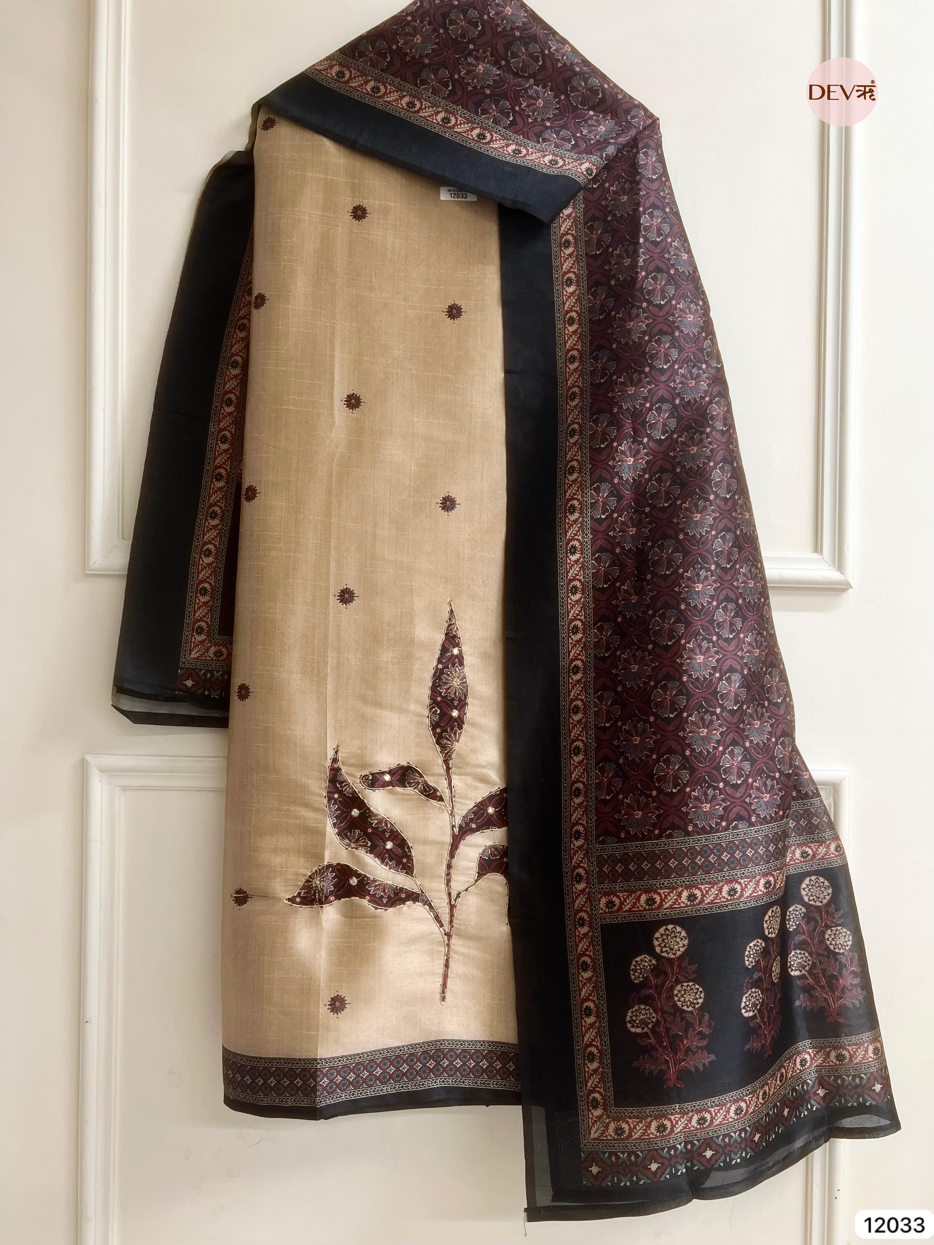 Off White Raw Silk Unstitched Hand Applique Work Embroidered -Set Of 3 - {12033}