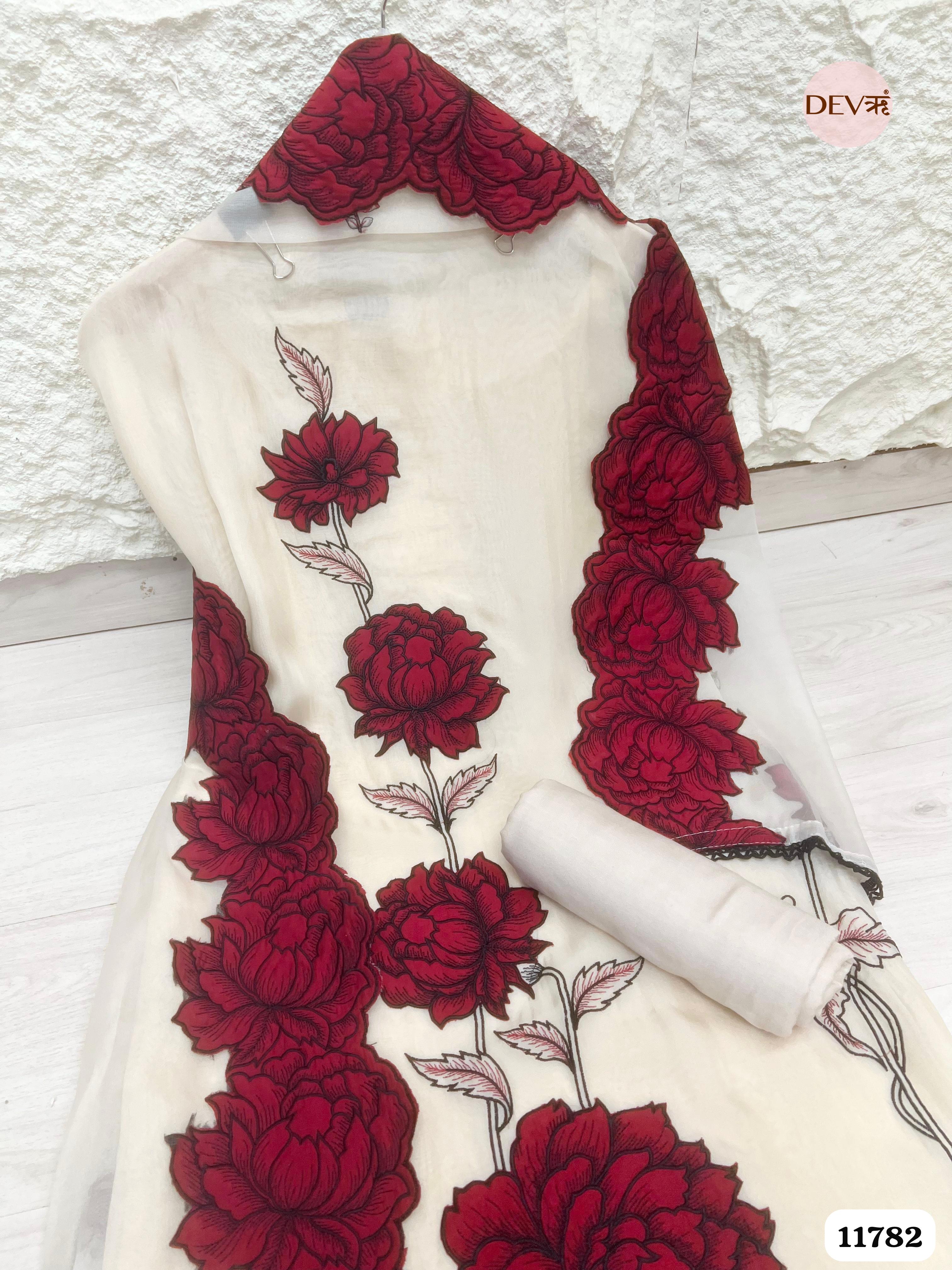 OF White Organza Unstitched Embroidered -Set Of 3 {11782}