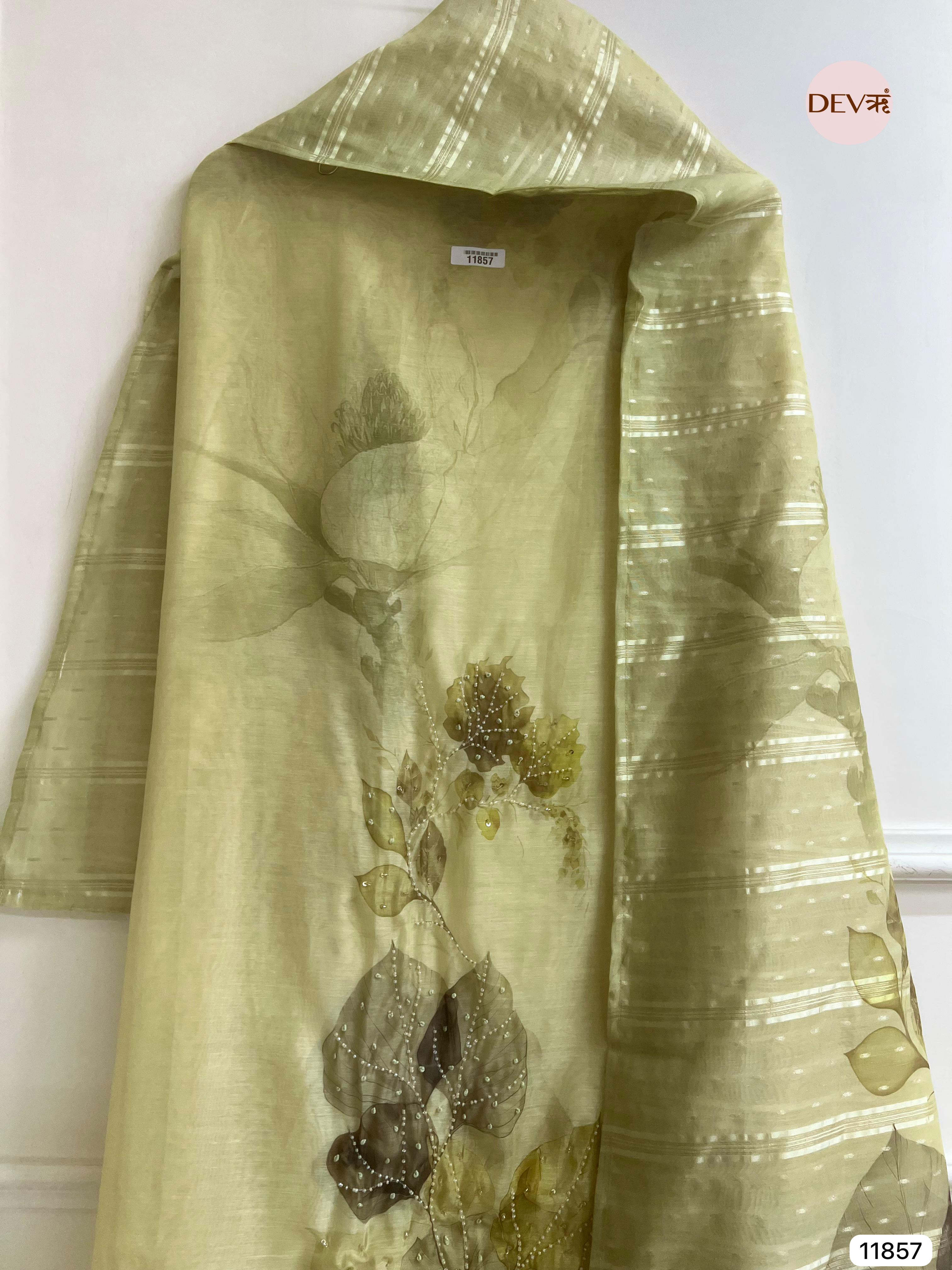Green Jamdani Silk Unstitched Printed Woven Hand Embroidered -Set Of 3 - {11857}