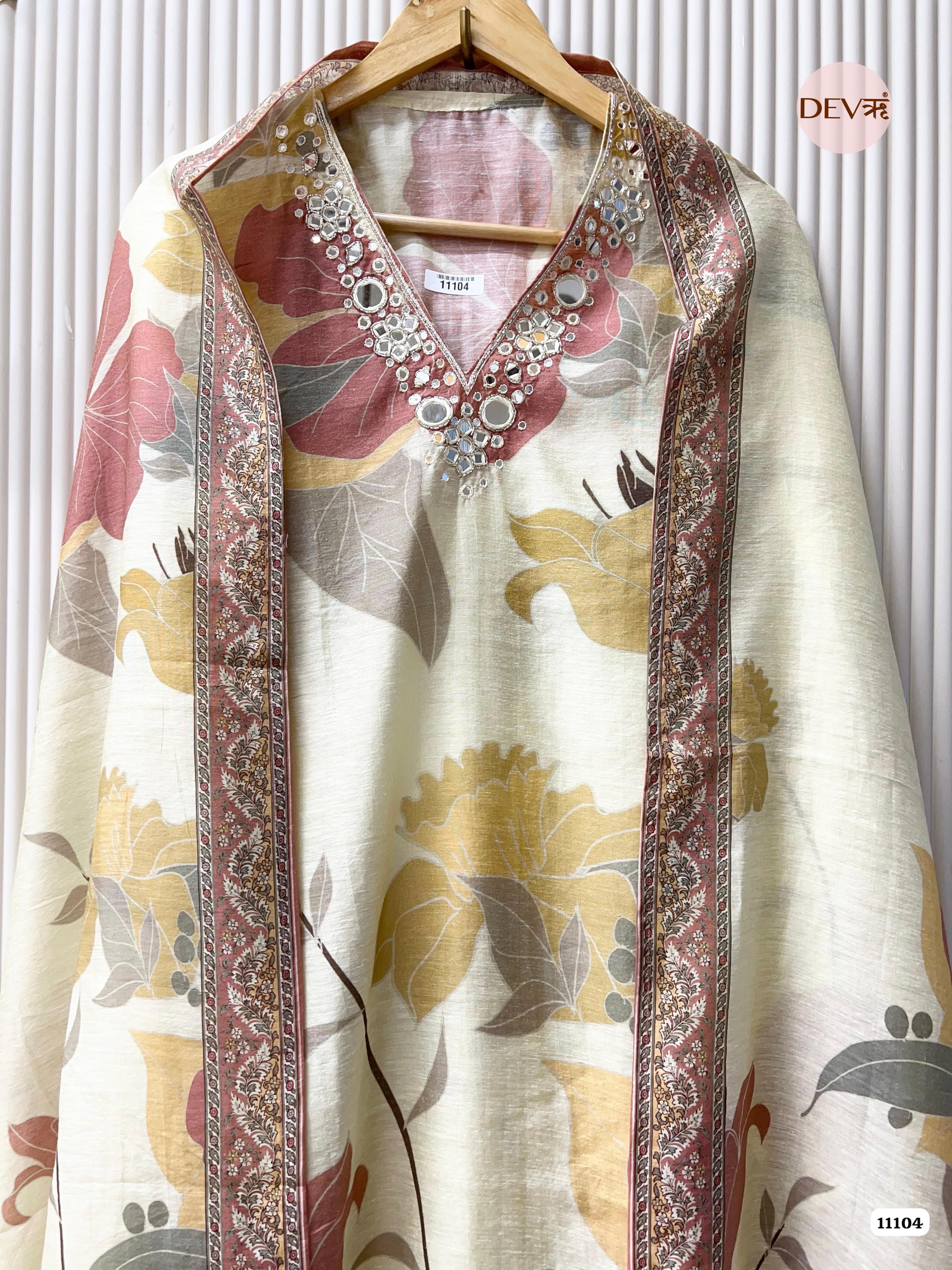 Creamy White Mul Chanderi Printed Unstitched Hand Embidered -Set Of 3 {11104}