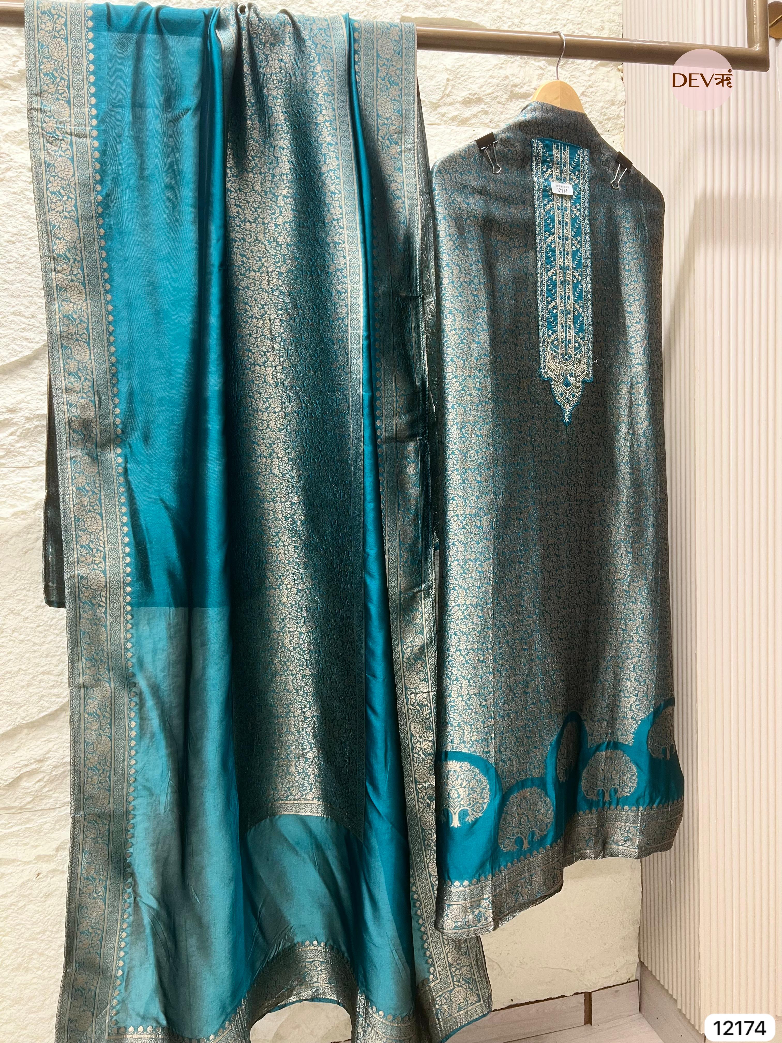 peacock Blue Pure Banarasi silk Unstitched Hand Embroidered -Set Of 3 - {12174}