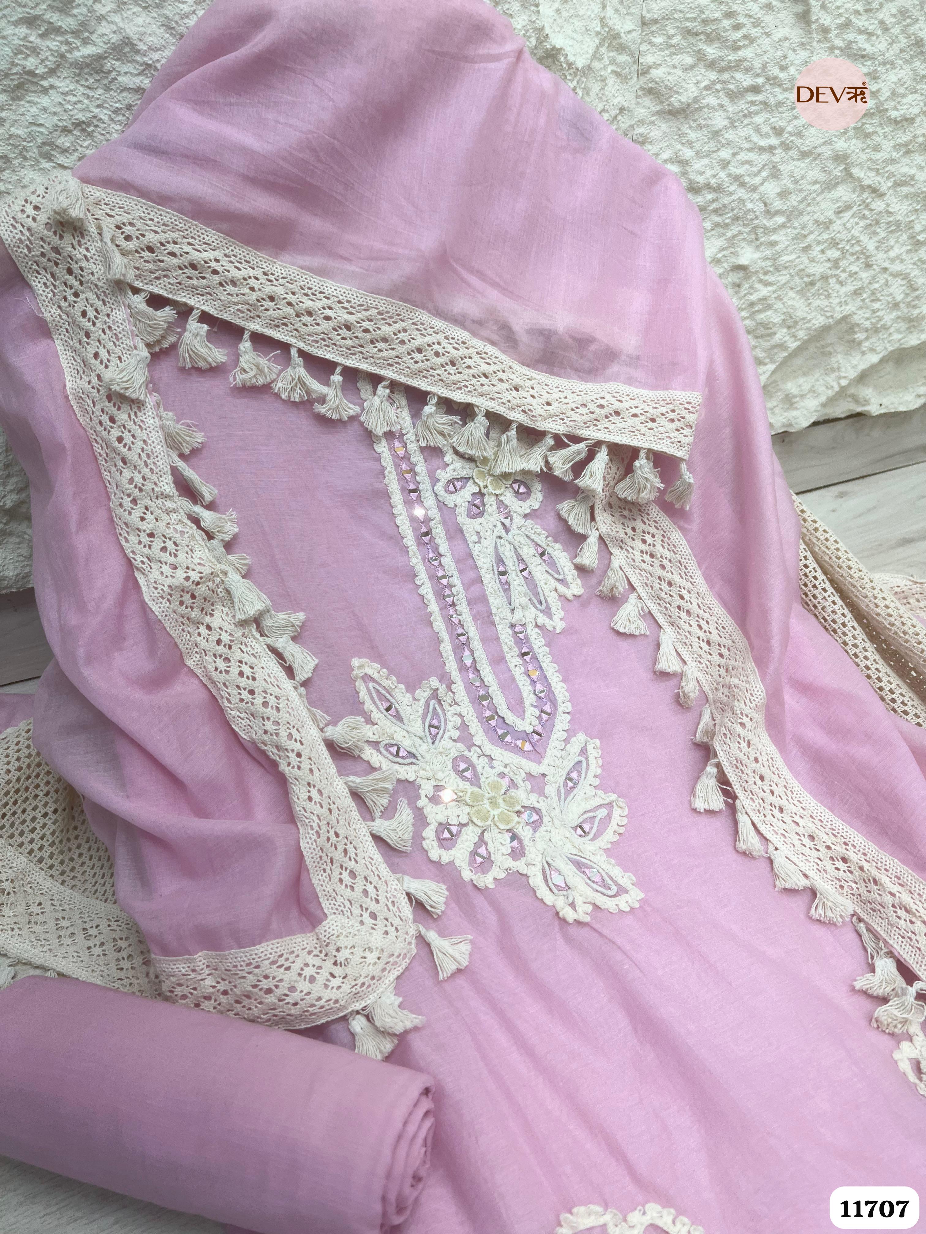 Pink Mul Chanderi Unstitched Hand Embroidered -Set Of 3 {11707}